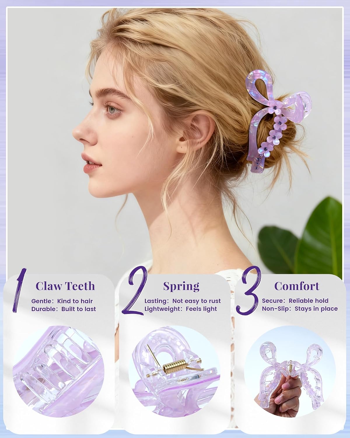 ACECHA 2 Pack Glitter Bow Claw Clip for Women - Cute Hair Bows Clips with Rhinestones and Flowers, Elegant Sparkly Wedding Party Hair Barrettes Accessories (Purple & White)