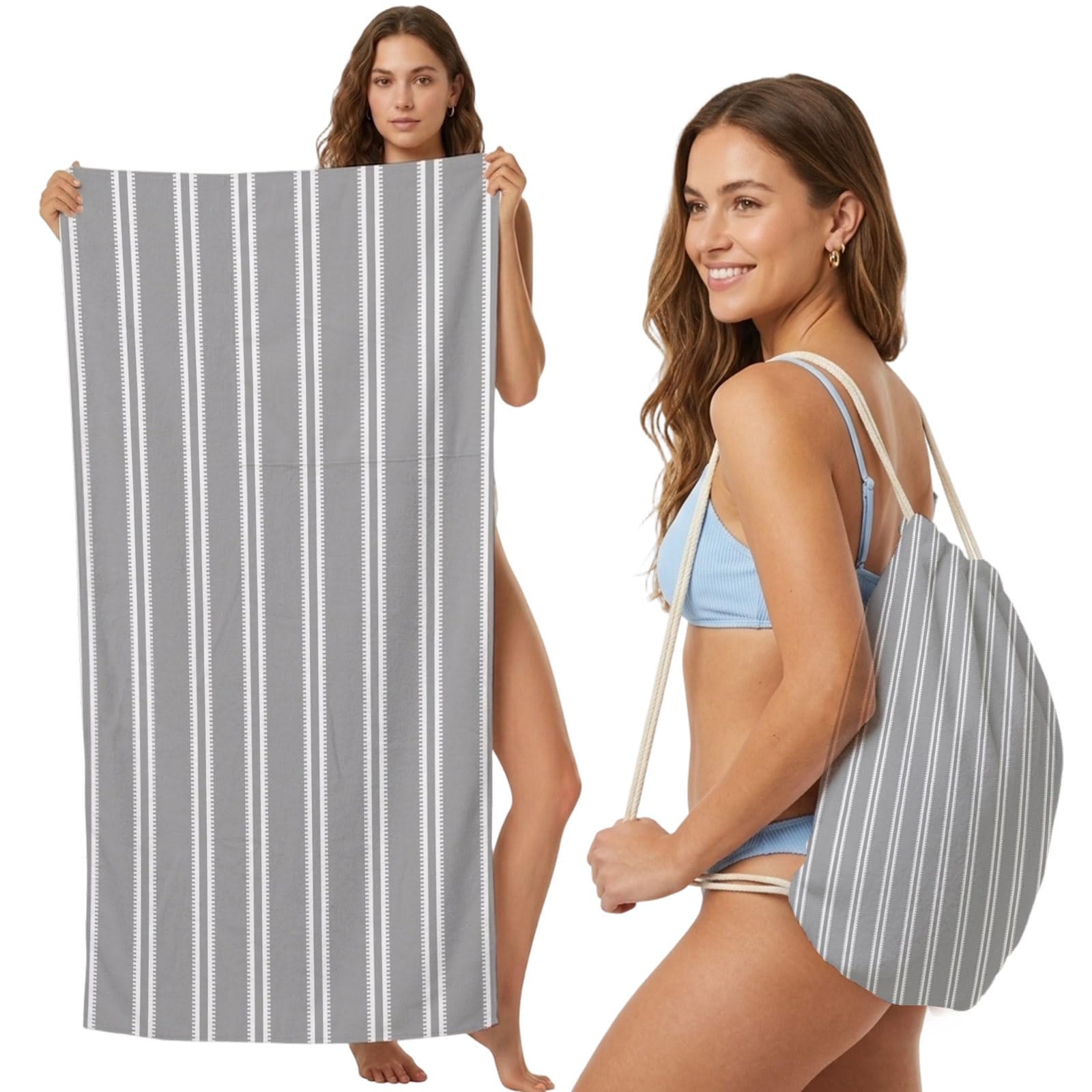 Beach Towel Bag 2 in 1 Grey Vertical Striped Bath Pool Towels Backpack Pinstripes Lines Absorbent Beach Towel Soft Quick Dry Lightweight Packable Towels Drawstring Bag for Travel Camping Sports Yoga