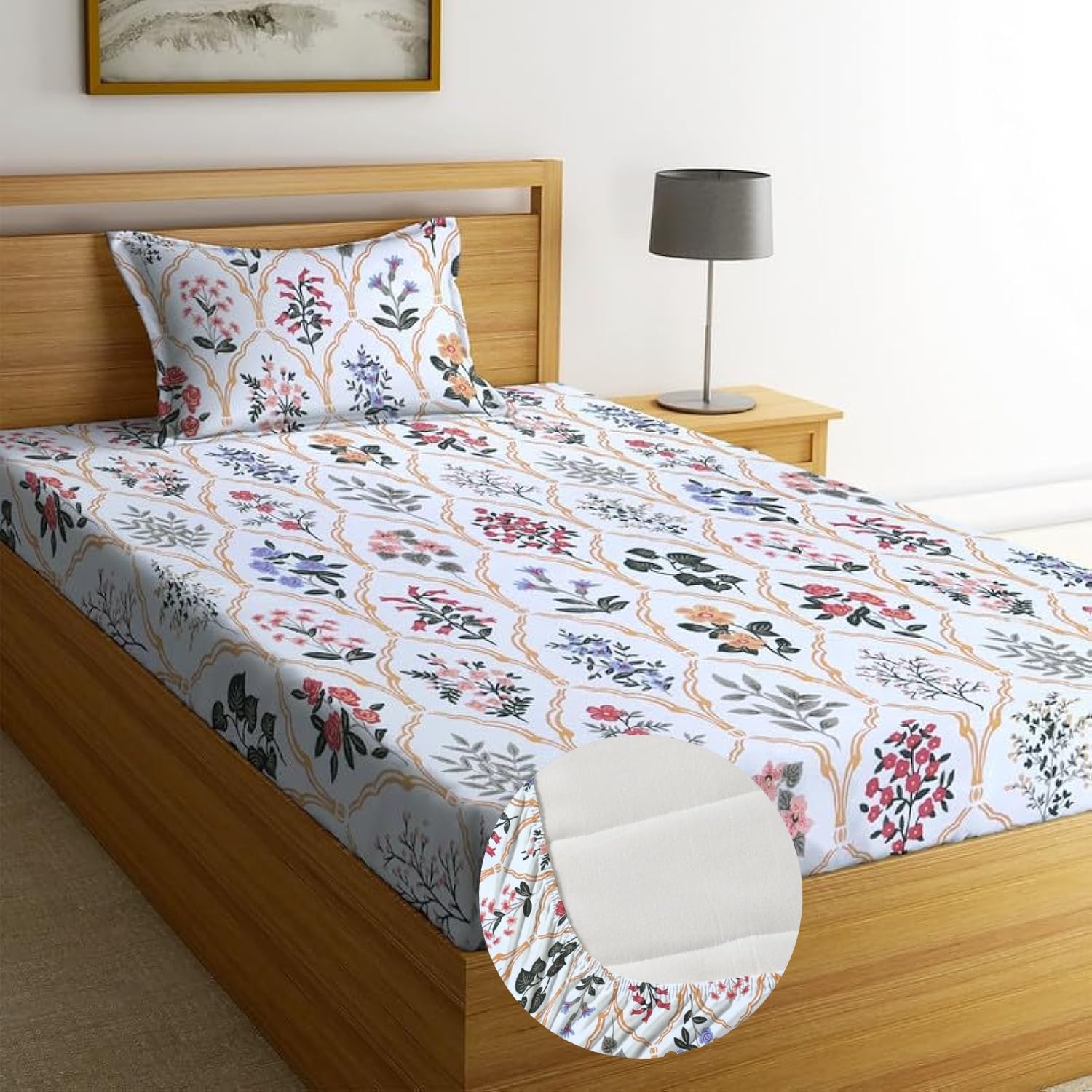 Blue Strip Polycotton Fitted Bedsheet, Single 42x75 (Multi Floral) | 300 TC, elastic all-round grip, deep pocket, soft, breathable, colourfast, non-shrink, wrinkle resistant, machine washable