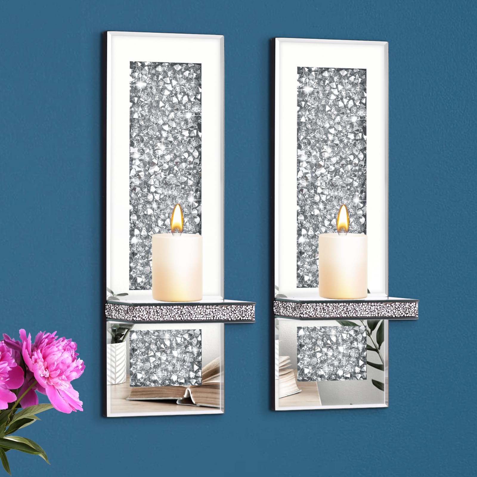 Crystal Crushed Diamond Mirrored Candle Sconces Set of 2 Silver Glass Wall Candle Holder Bling Wall Decorations for Home Decor Living Room Dining Room