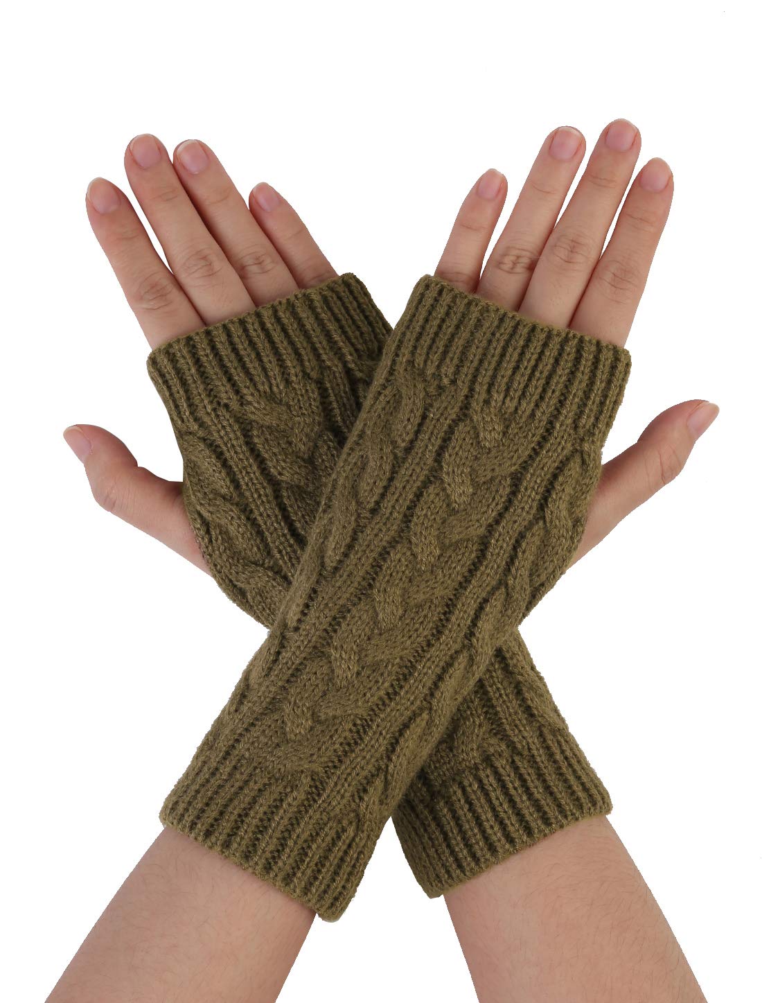 Allegra K Women's Brown Sourcing Map Ribbed Wrist Arm Warmers Stretchy Cable Knitted Fingerless Gloves One Size