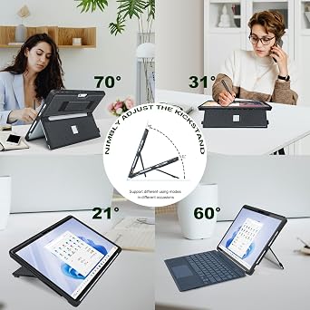 Case for 13 Inch Microsoft Surface Pro 11/10/9/8, with Stent Cover and Hand Strap, All-in-one Shockproof Folio Rugged Case Compatible with Type Cover Keyboard, TPU/PU Material(Black)