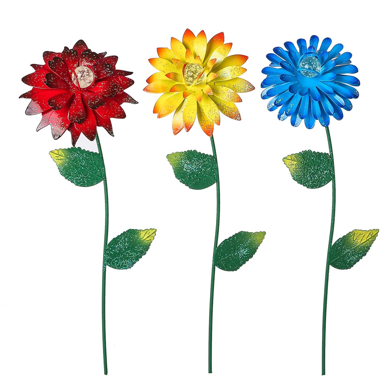 Voltogar 3 Pack Flowers Garden Stake Decoration Glow in Dark for Outdoor, Water-Proof Metal Flowers Ornament for Lawn Pathway Patio Plant Pot, Flower