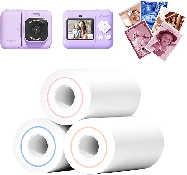 Kids Instant Print Camera Paper, Thermal Printing Refill Set for Toddler Camera, Compatible with ETIKEZ Funshot 20, Camera Thermal Printing Paper, 5.7cmx5m Per Roll, 3 Rolls, Blue/Orange/Red