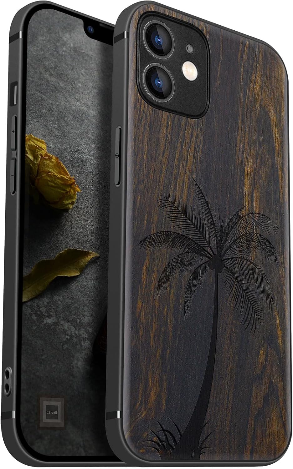 Carveit Magnetic Wood Case for iPhone 12 Case [Natural Wood & Black Soft TPU] Shockproof Protective Unique Wooden Cover Compatible with MagSafe (The Palm Tree -Blackwood)