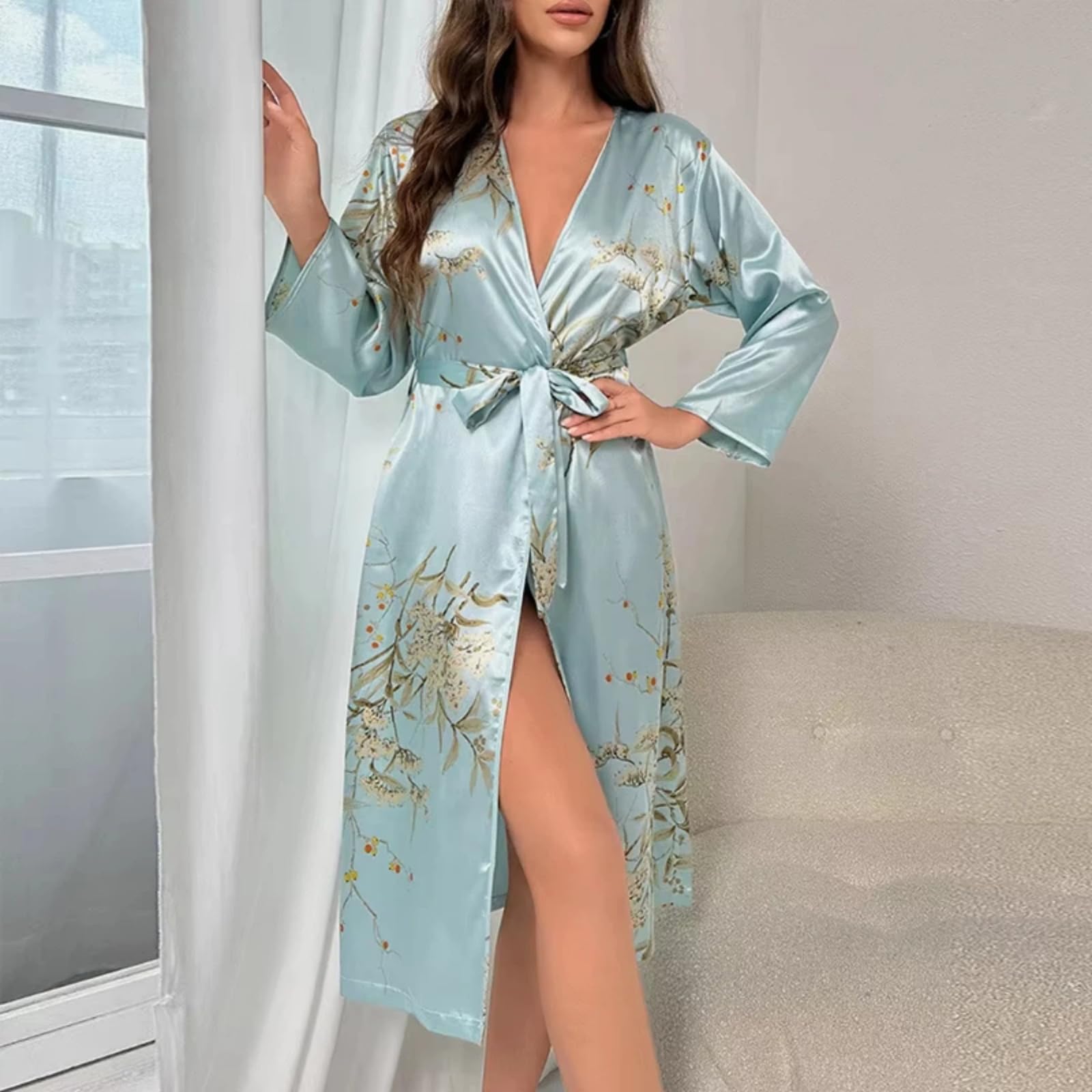 Camicia Notte Satin Decorativa Kimono Accappatoio Lungo Donna(Verde B,as6,alpha,s,regular,regular)