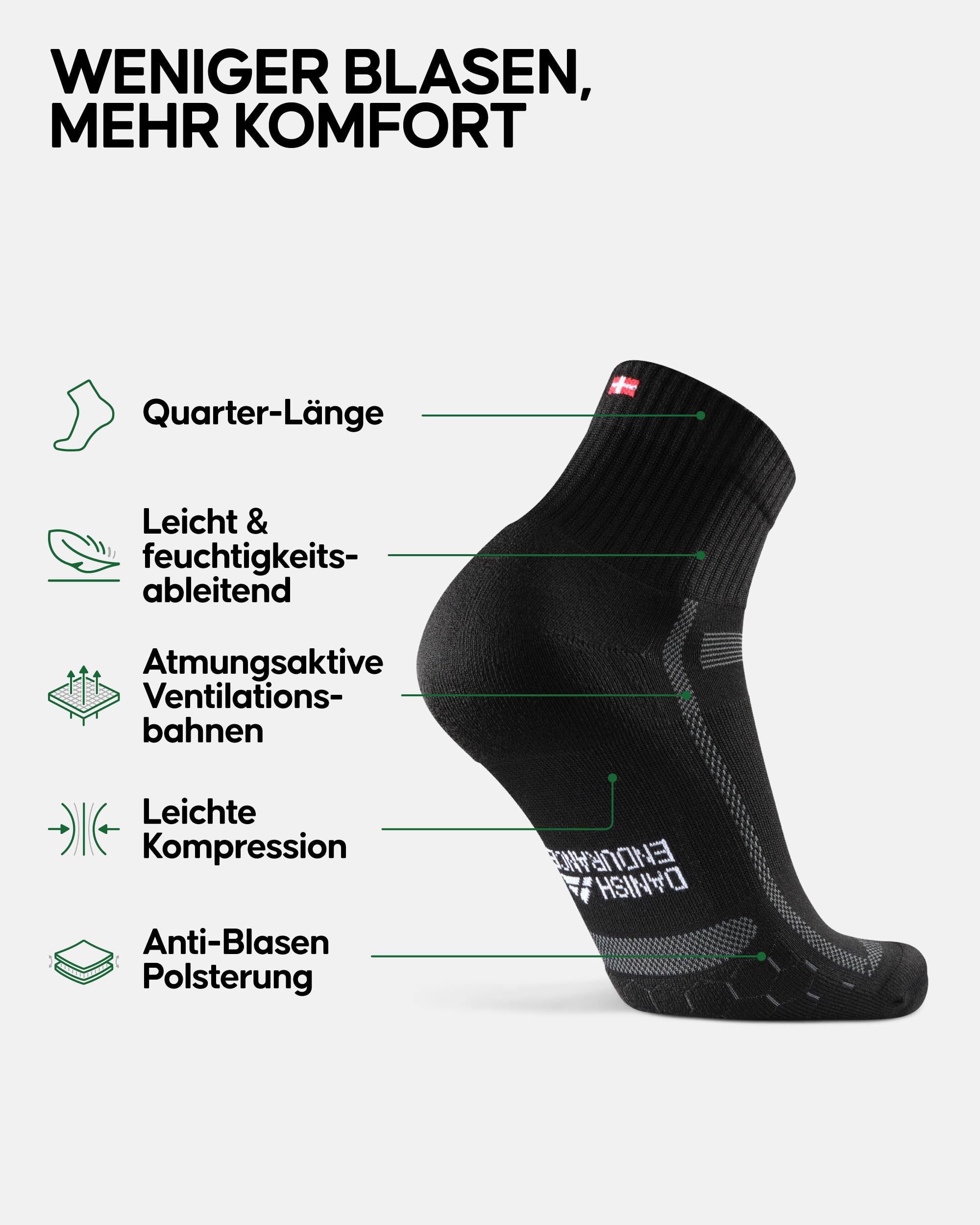 DANISH ENDURANCE Quarter Laufsocken, Knöchelhohe Sportsocken, Atmungsaktive Socken, Leichte Kompression, Gepolstert & Anti-Schweiß, Damen & Herren, 5 Paar