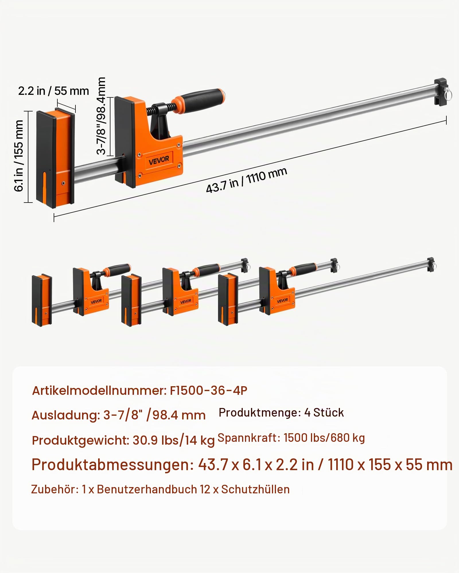 VEVOR Schraubzwingen, 4er-Pack, 91,4 cm Öffnung, F-Zwingen, 680 kg Klemmzwingen, 2-fach Klemm-/Spreizfunktion, Weiche Gummifüße, Stange aus Kohlenstoffstahl, für Holz-& Metallbearbeitung