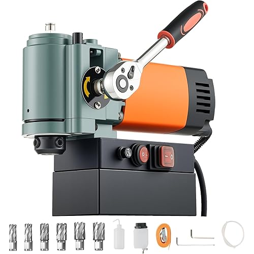VEVOR Low Profile Magnetic Drill Press, 1300 W, 1.4 in Boring Diameter, 2248 lbf Power Portable Mag Drill Press, 650RPM Speed, with Weldon Shank, for Metal Surface, Industrial and Home Improvement