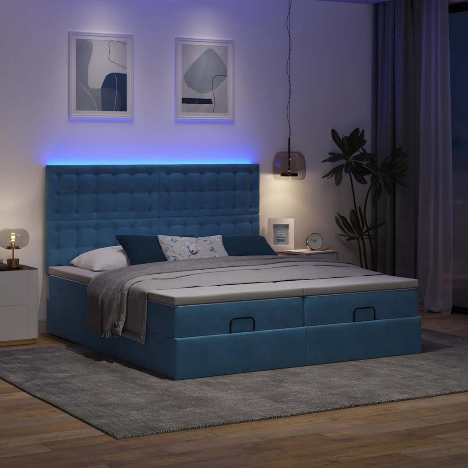 Gecheer Cama Otomana con Almacenamiento y Colchón de Resortes Individuales, Tela de Terciopelo, Luces LED, para Dormitorio y Descanso