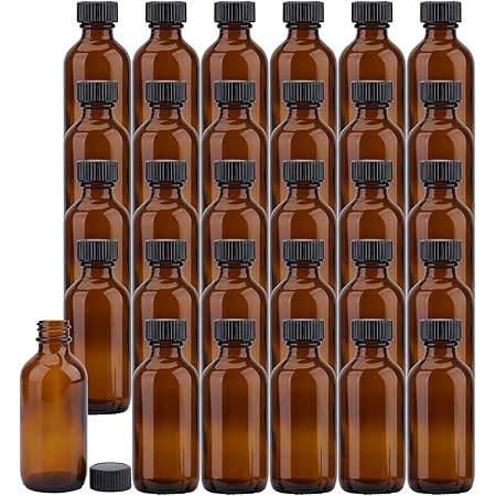 Bekith 30 Pack 2 oz Boston Round Glass Bottle with Black Caps, Amber