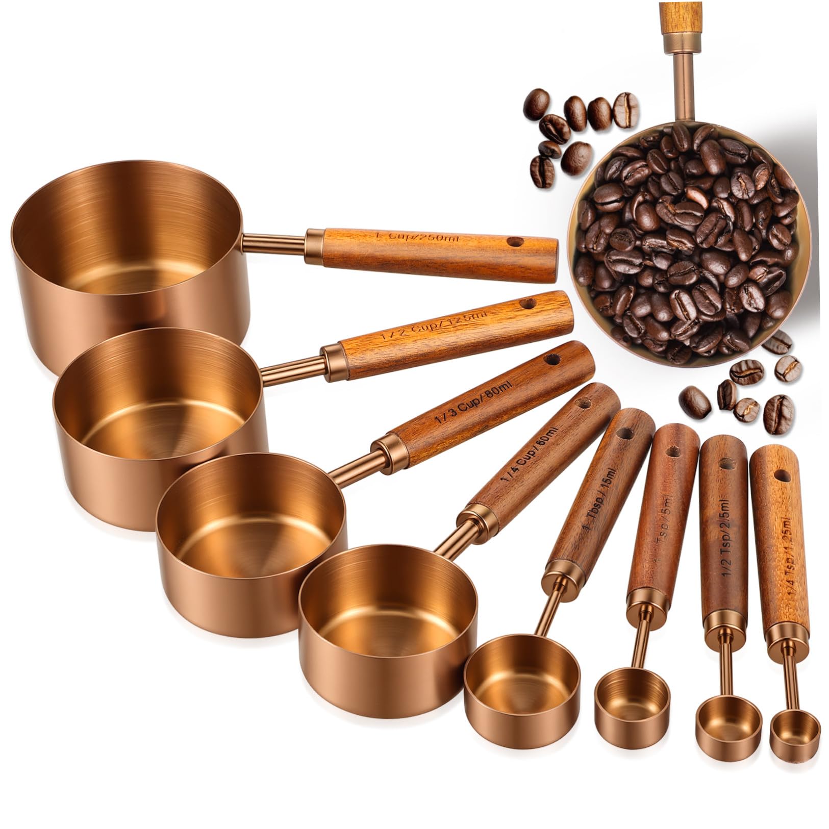 Operitacx 8 Pezzi Set Cucchiai e Misurini in Acciaio Inox Manico in Legno, Resistenti, Impilabili, per Cucina e Cottura Misurazioni Precise e Lavabili in Lavastoviglie