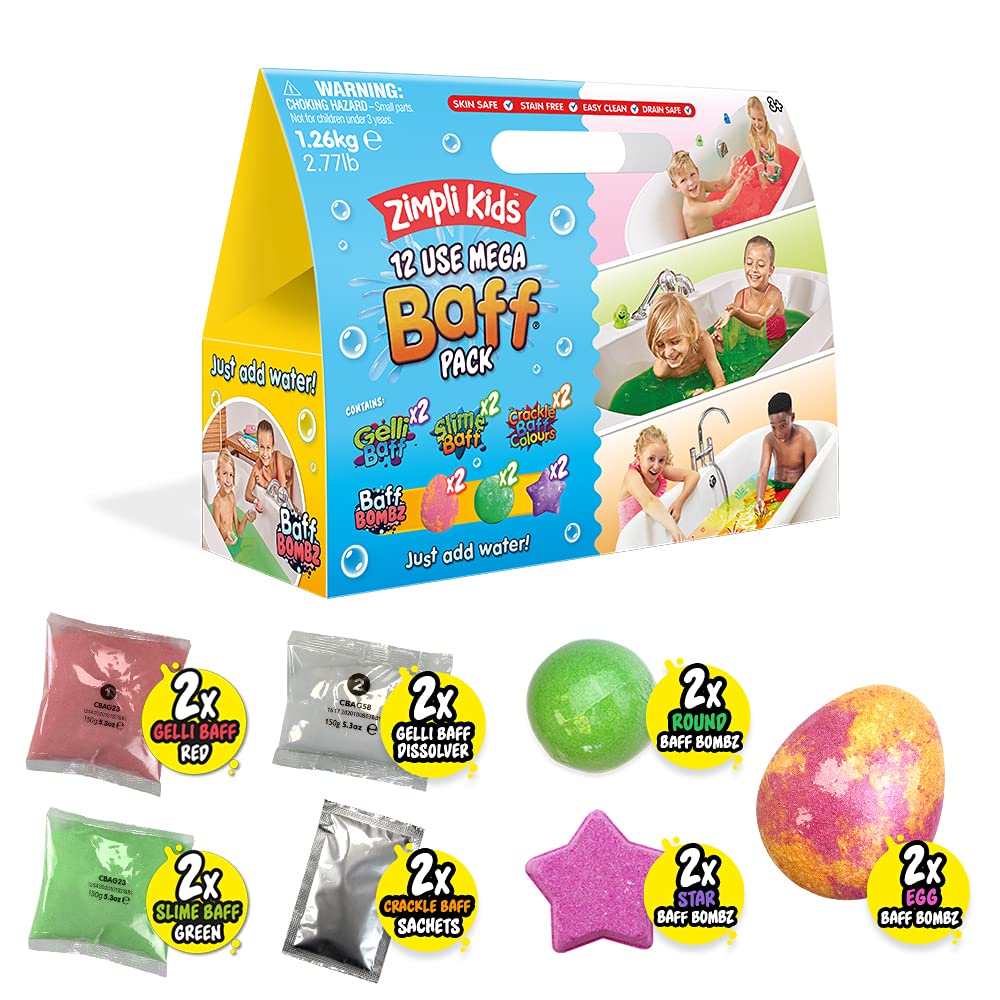 Zimpli Kids - 12 Use Mega Baff Pack, 6 x Bath Bombs, 2 x Gelli Baff, 2 x Slime Baff & 2 x Crackle Baff, Children's Value Sensory Bath Toy Gift Set, Birthday Present for Boys & Girls, Water Toy