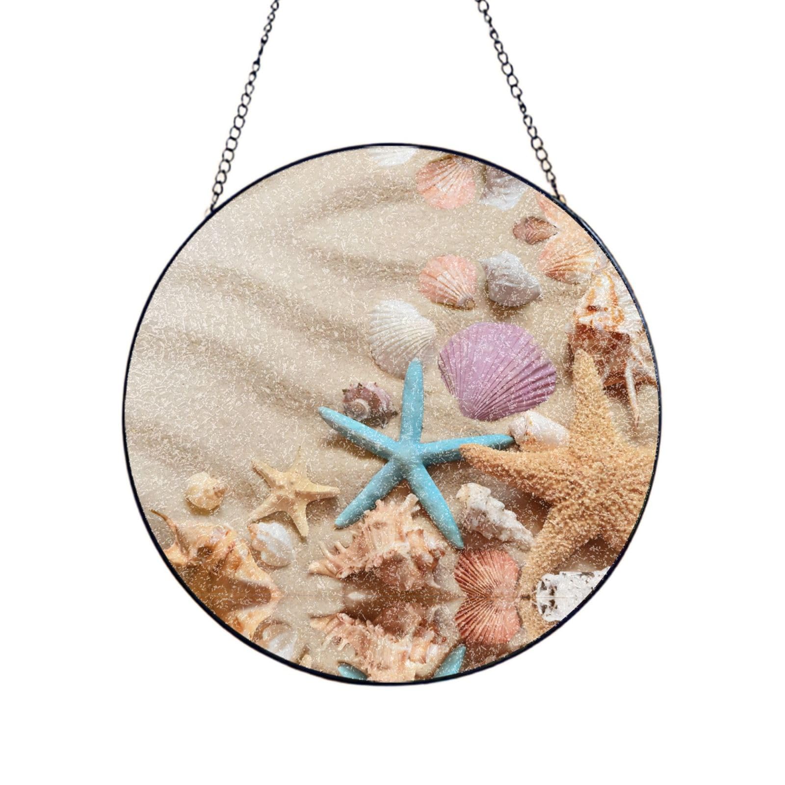 Phayah Seashells Starfish Print Stained Glass Window Hanging Suncatcher For Door Terrace Garden Home Decor Sun Catcher Birthday Gifts For Lovers Dad Mom 6in（15cm）