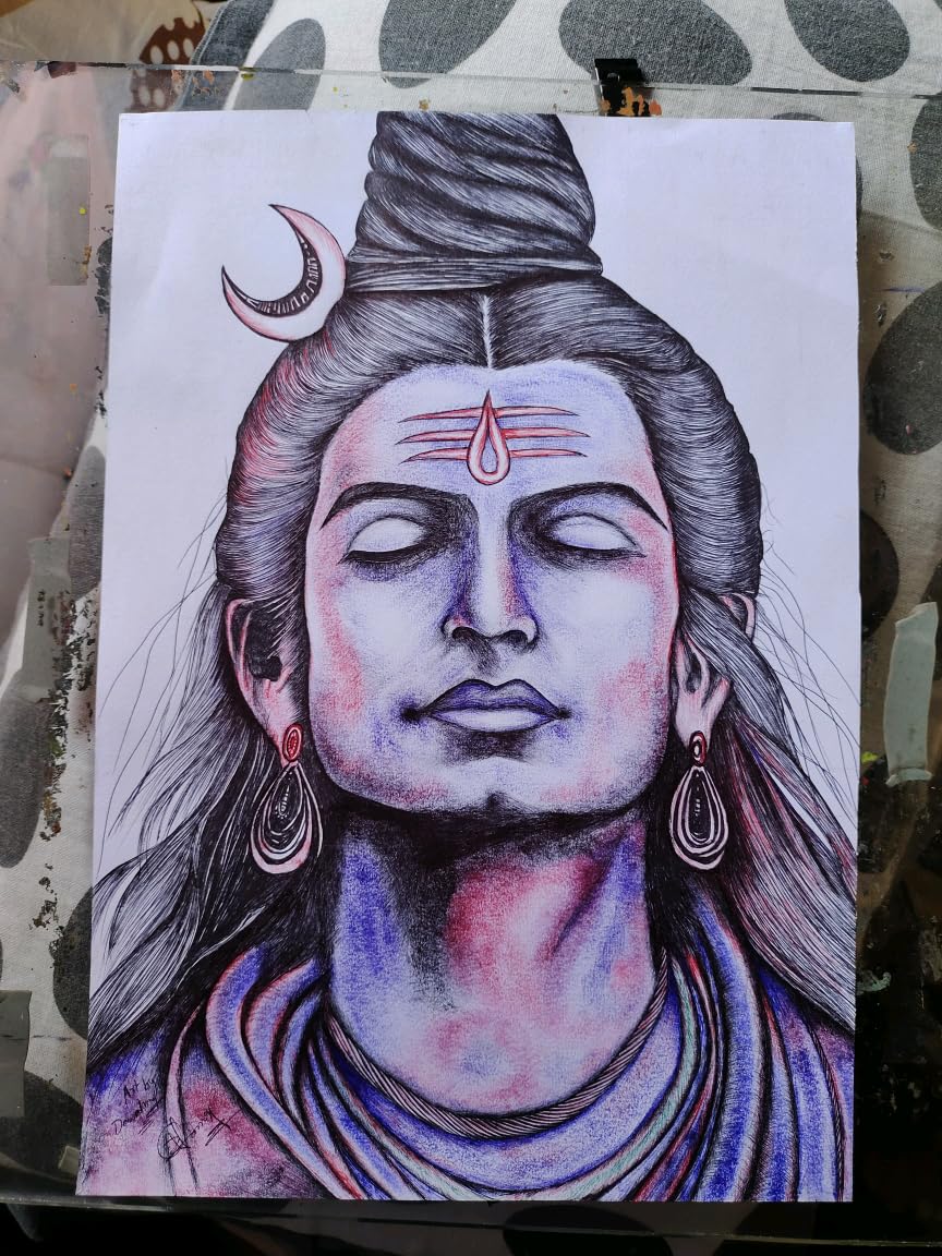 Mahadev Pen Drawing with Framework, Lord Shiva Artwork, Handmade Sketch Portrait