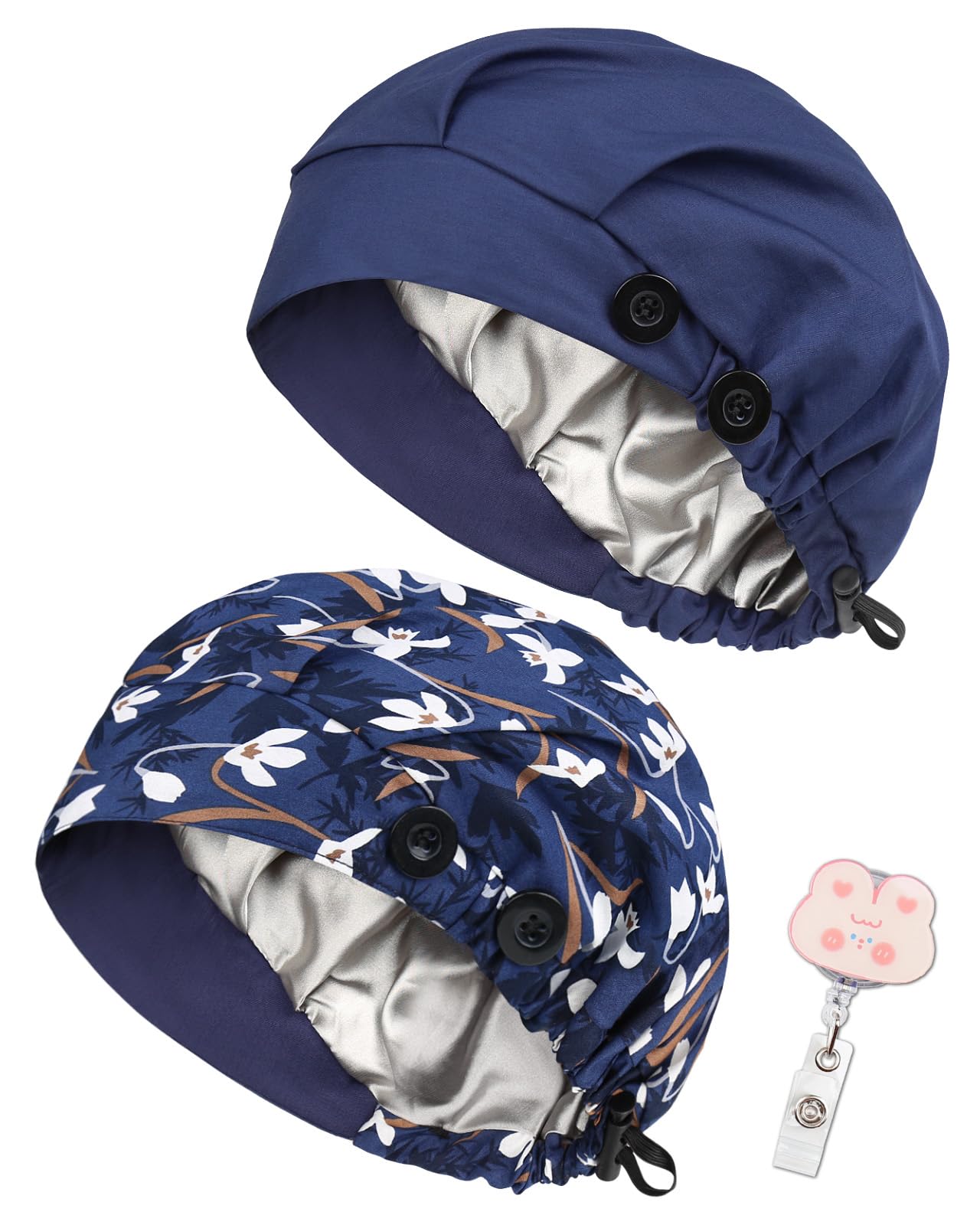 2 Pack Satin Lined Bouffant Scrub Caps with Buttons, Adjustable Scrub Caps for Women Men