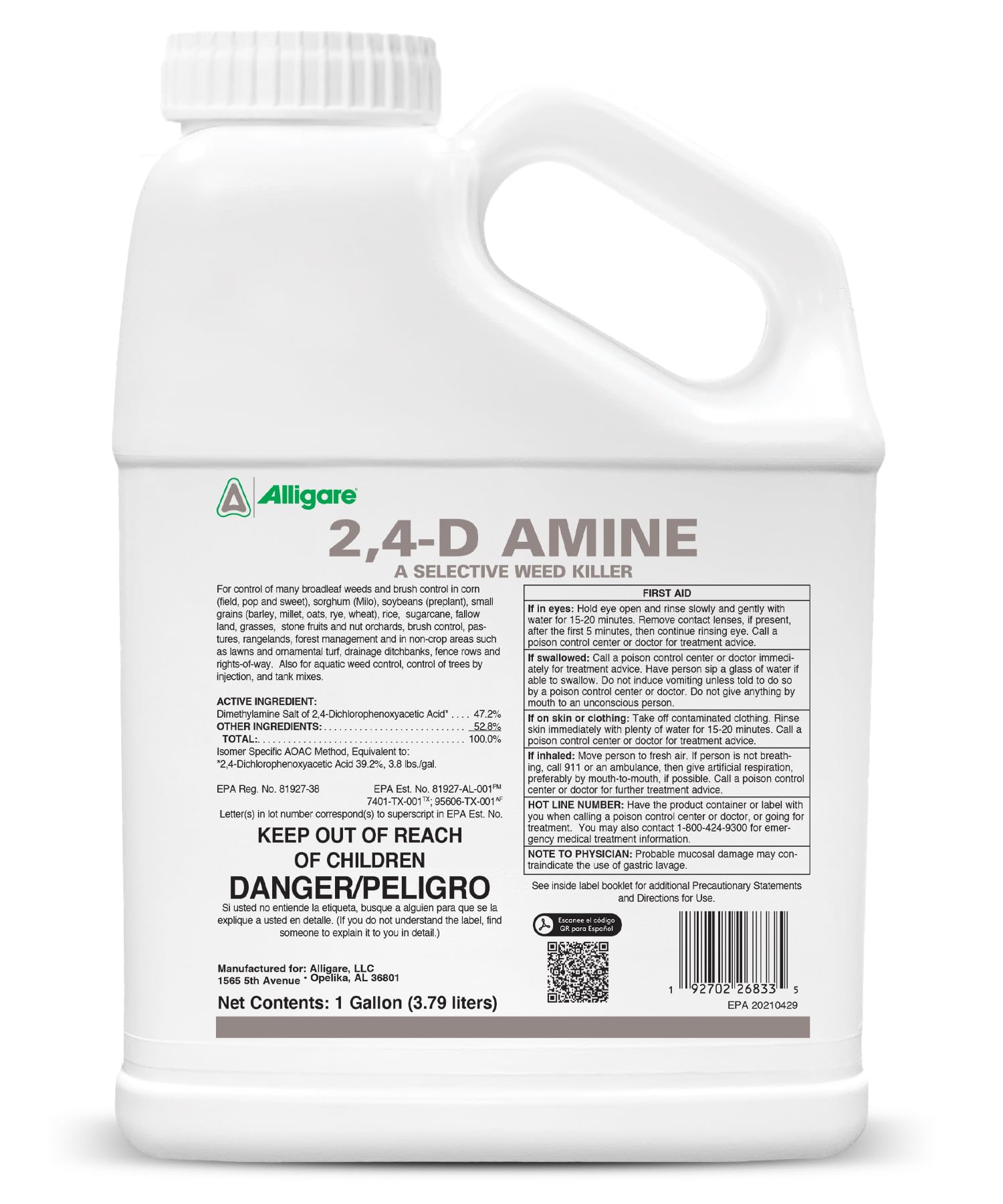 ALLIGARE 2,4-D Amine Weed Killer Concentrate - Post Emergent Herbicide to Control Pigweed, Thistle & More - 46.8% Active Ingredient - for Lawns, Pastures, Aquatic Sites & Crops - 1 Gallon