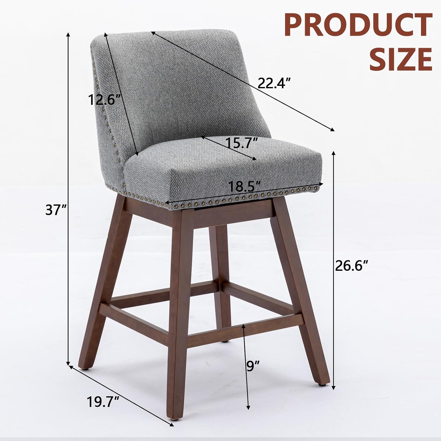 Majnesvon Swivel Bar Stools Set of 2, 26" H Seat Height Upholstered Counter Stools, Barstool with Solid Wood Legs & Back for Kitchen Island Dining Room and Pub (Gray)