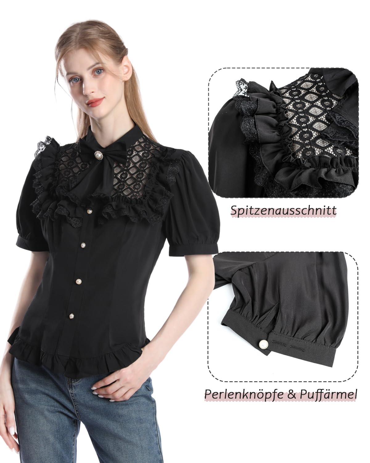 Fiamll Camicetta da donna vittoriana vintage con fiocco, colletto alto con volant a maniche lunghe, K-nero.