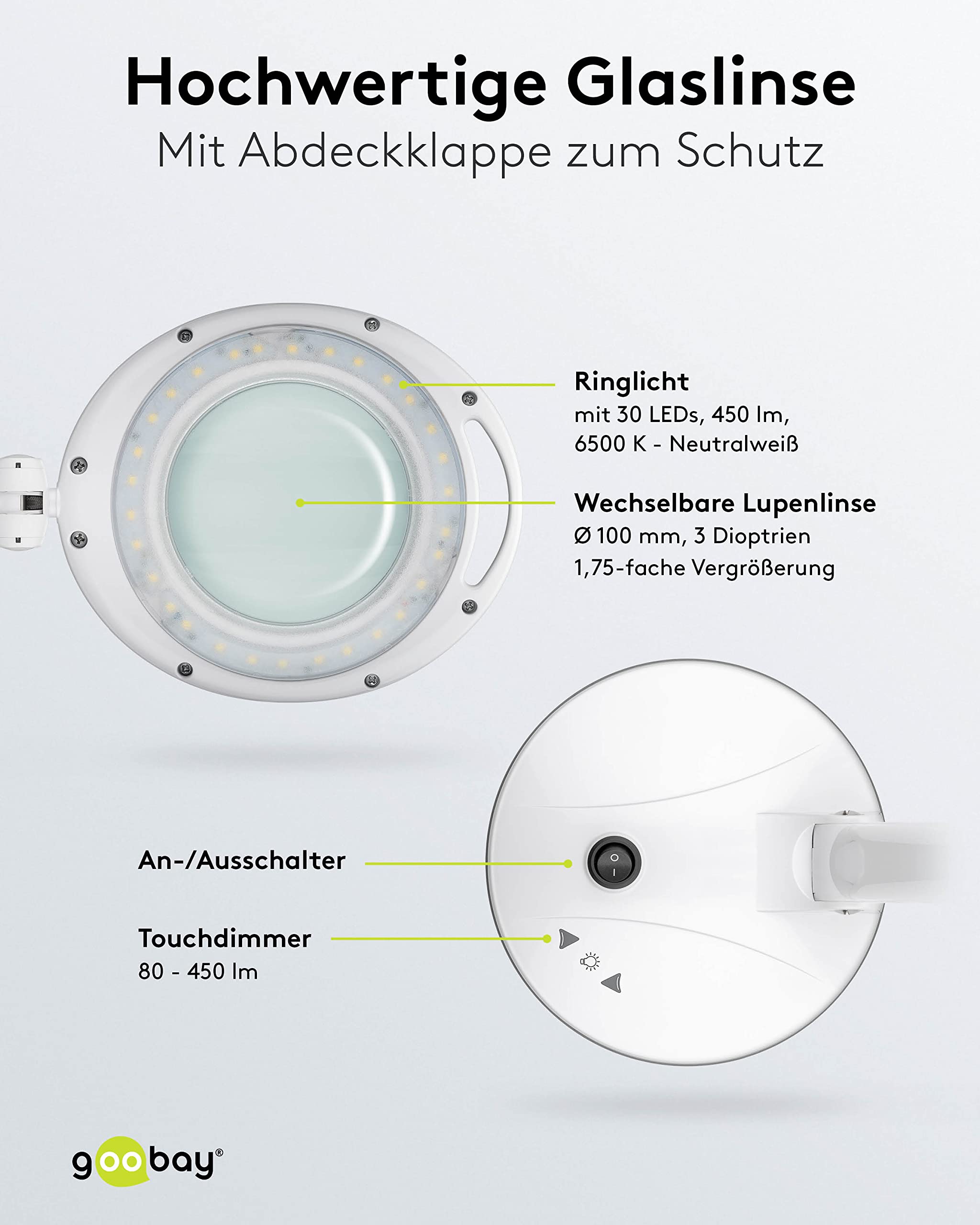 LED vergrootlamp dimbaar met tafelstatief, Lumeno 8213 127mm echtglas 3 dioptrie, 950 lumen voor hobby, cosmetica, knutselen, grijs
