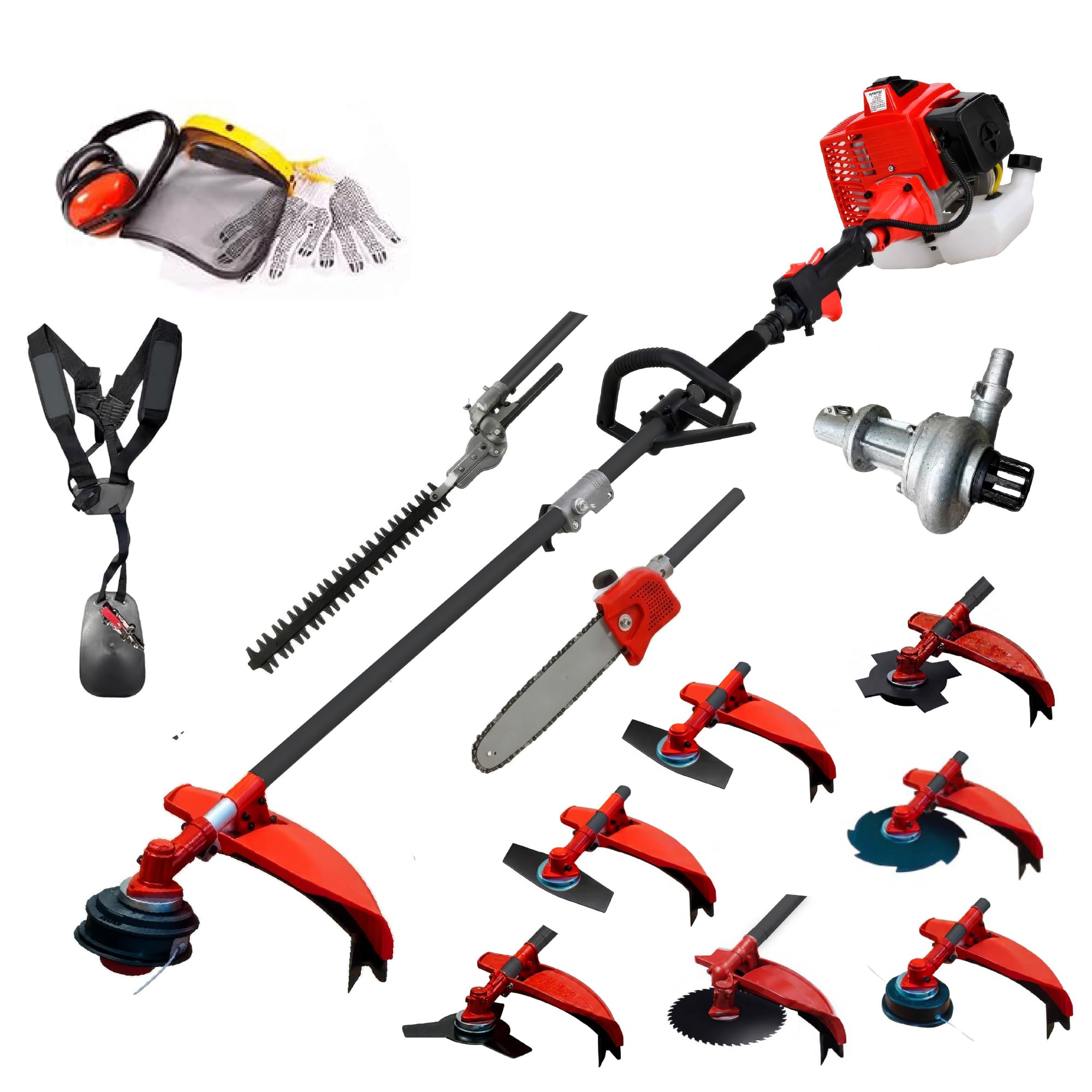 Synergy Desbrozadora Multifunción Gasolina 10 en 1 65cc 4,9cv Motor 2 Tiempos, con Bomba de Agua, Cortasetos, Podadora, Kit de protección, 6 Discos y Cabezal Automático y Arnés Profesional