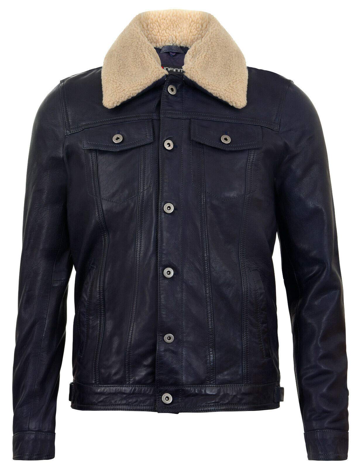 Infinity Leather Men's Navy Leather Jacket Trucker Removable Sheepskin Sherpa Collar Casual Jeans Coat Xs