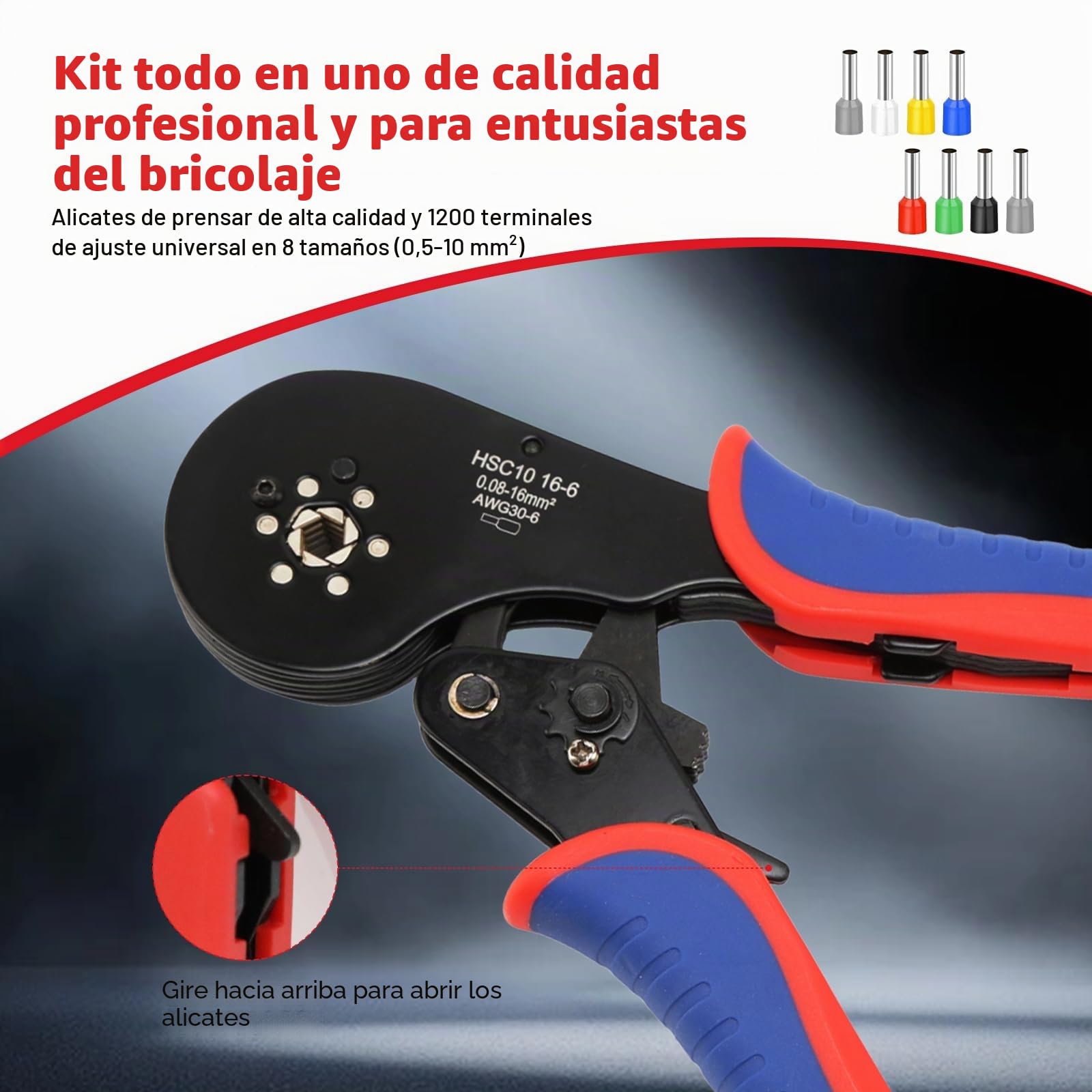 Crimpadores Hexagonales 0.08-16mm²,Crimpadora Terminales Electricos | Con 1200 Terminales De Cable,Set Alicates Terminales Electricos,Empuñadura Ergonómica Para Electricistas