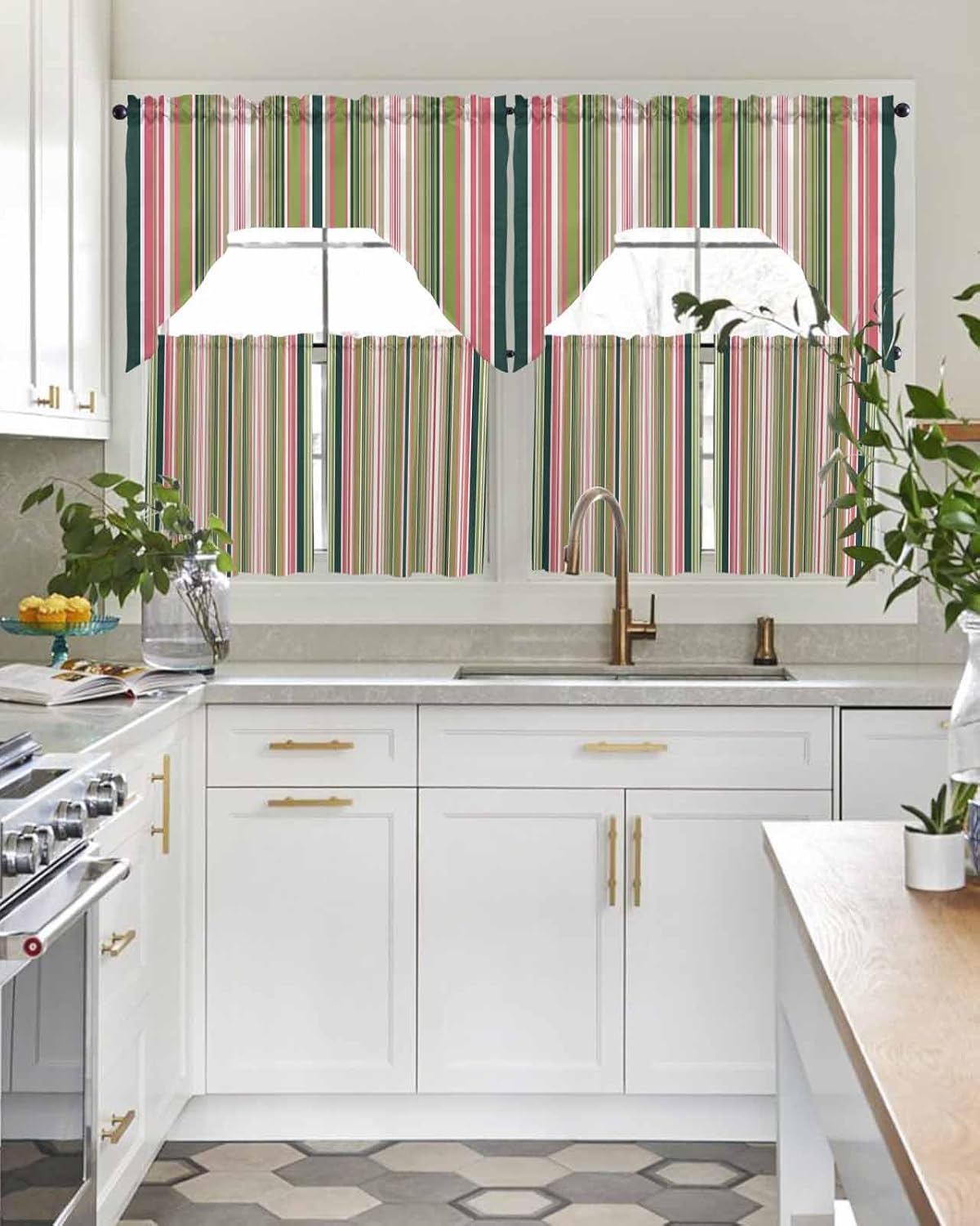 Geometric Rainbow Swag Kitchen Curtain Sets with Valance,3 Pieces Rod Pocket Curtain Drapes for Bedroom Bathroom Cafe Windows,Modern Abstract Minimalist Stripes 56''x36''&24''x27.5''x2Panels