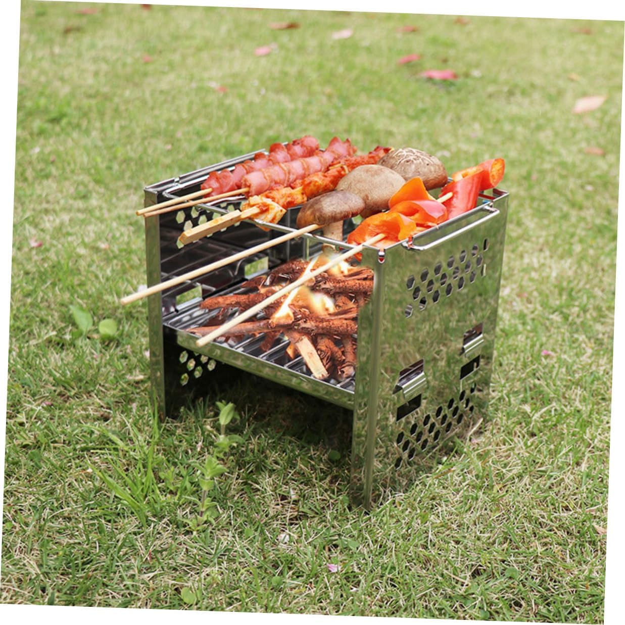 Stainless Steel Camping Barbecue Grill Adjustable Folding Portable Bbq Stove Outdoor Picnic Grill with Double-layer Grid