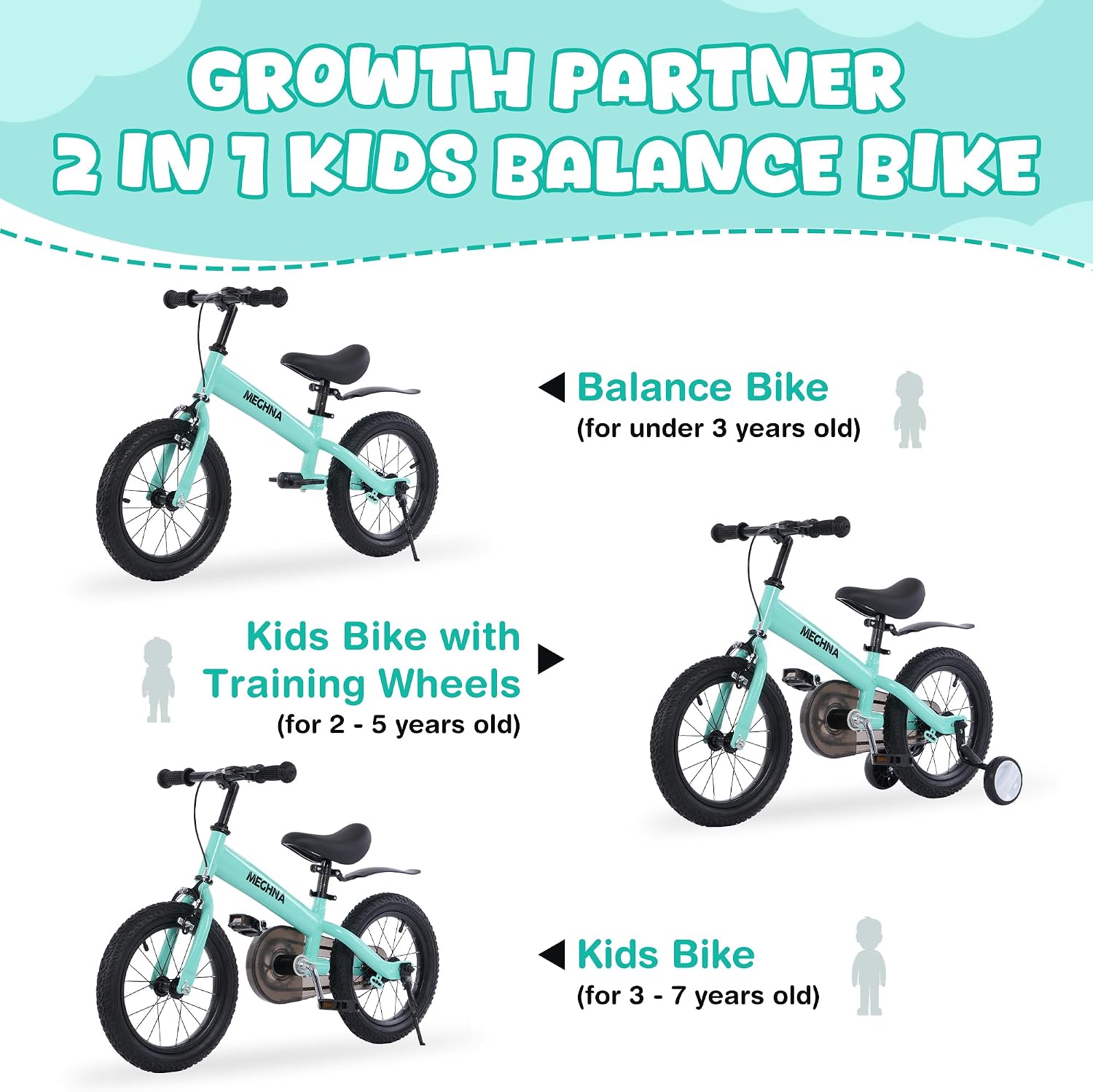 2 in 1 Toddler Balance Bike 14 inch Wheel Kids Bike Aged 3-7 Years Old with Footrest Detachable Training Wheels Caliper and Coaster Brake Strider Bike for Boys Girls, Easy to Assembly