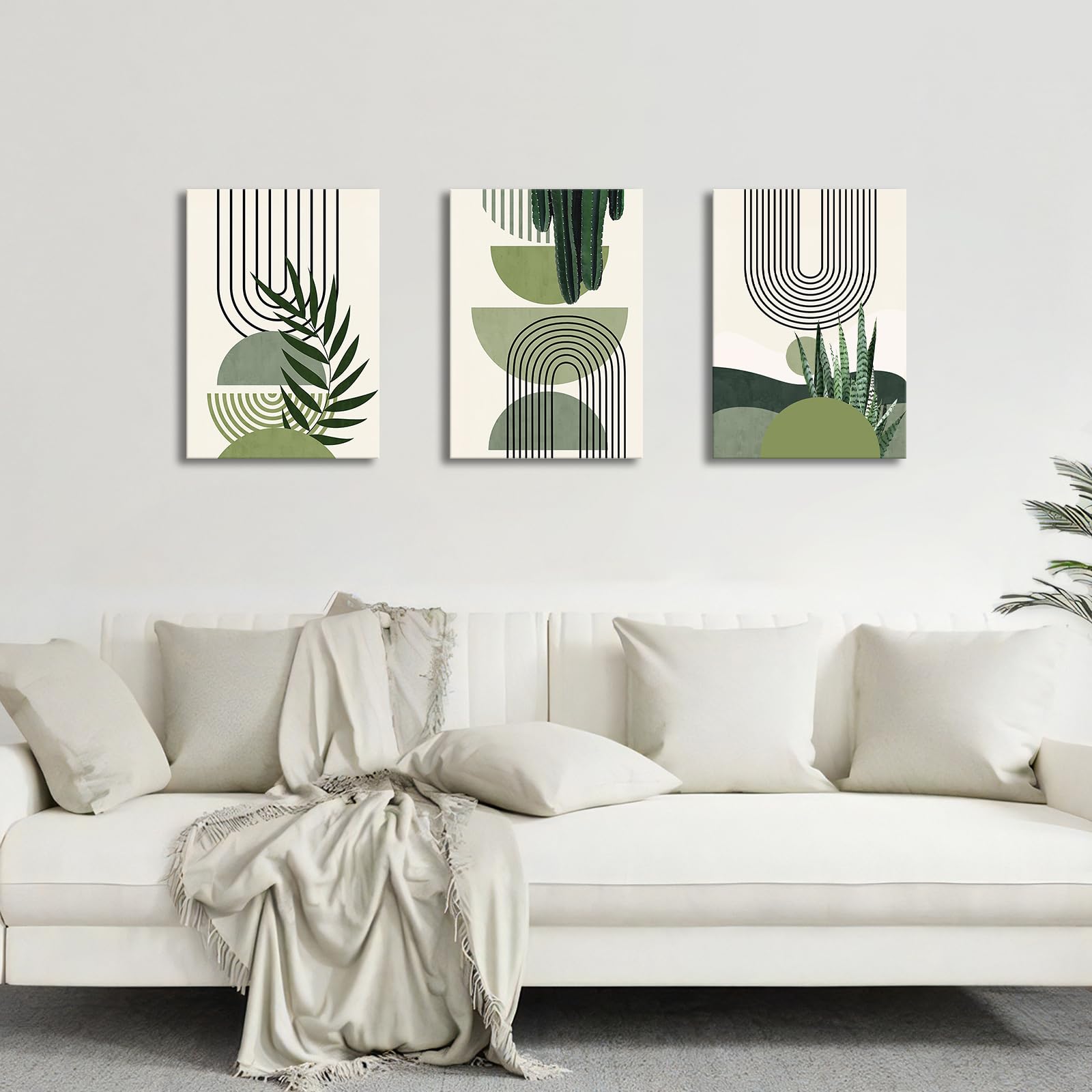 3 Pcs Wooden Framed Canvas Wall Art Set Bohemian Sage Green Canvas Prints Poster Geometric Line Beige Green Pictures for Living Room Bedroom Dinning Room Hallway Stairs Wall Decor 30x40cm x3pcs — view 124