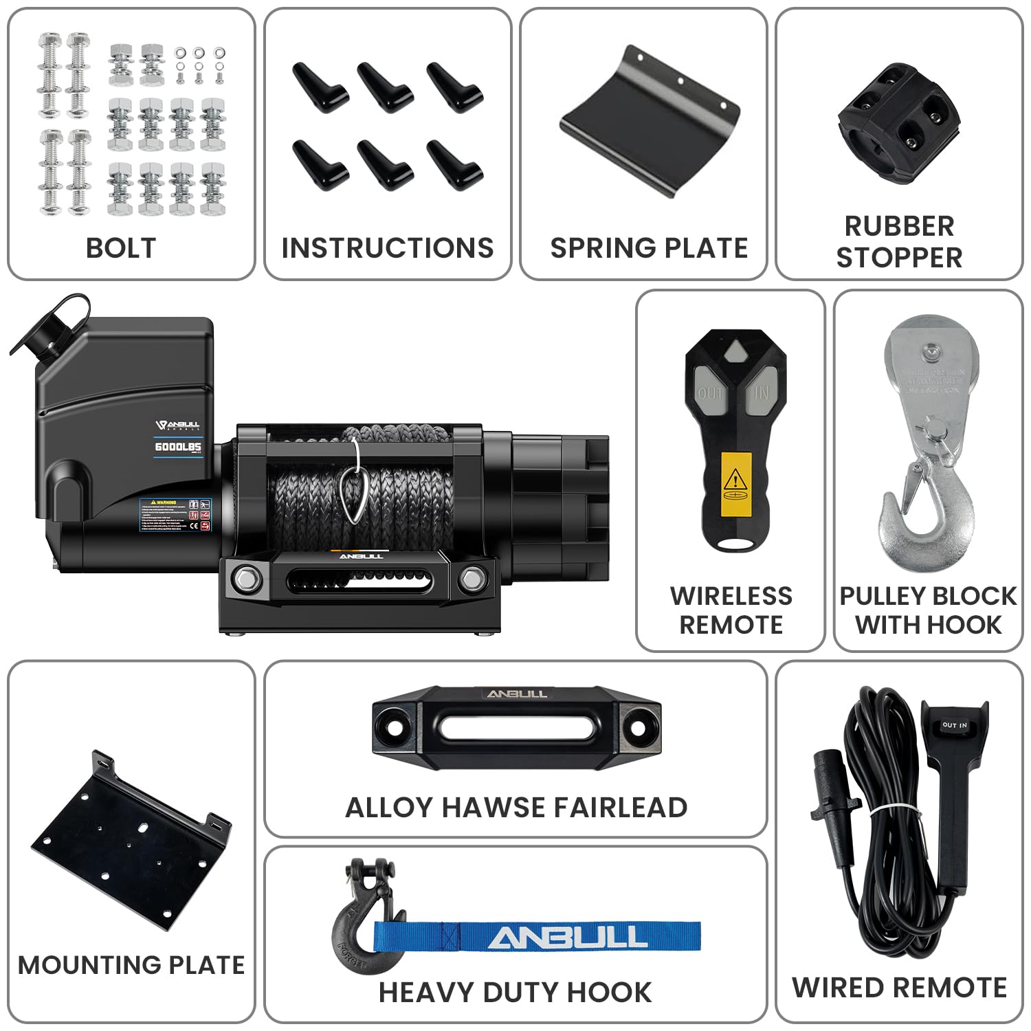 Anbull Cabrestante Eléctrico 12V 6 000 LBS/ 2722 Kg, No se requiere cableado, IP68 Impermeable, Cuerda sintética 6.3mm*16.8m, Cuerda de Nailon, Compatible para Quad, ATV, UTV