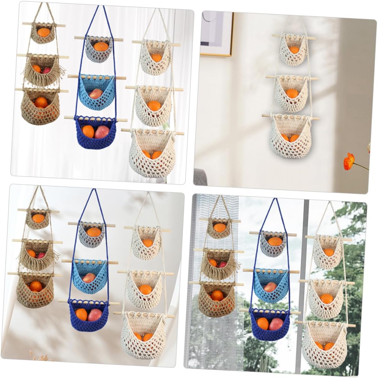 VALICLUD 3-Tier Hanging Fruit Basket Organizer Cotton Rope Woven Kitchen Storage for Fruits and Vegetables Space-Saving Hanging Design for Home and Kitchen Decor