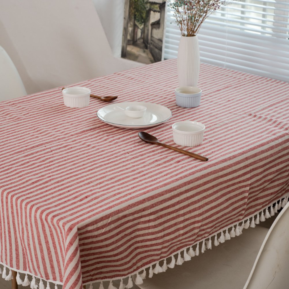 meioro Tablecloths Striped Tassel Table Cloth Rectangular Tablecloth Cotton Linen Table Cover Suitable for Home Kitchen Decoration (Red/White Stripes - Image 2