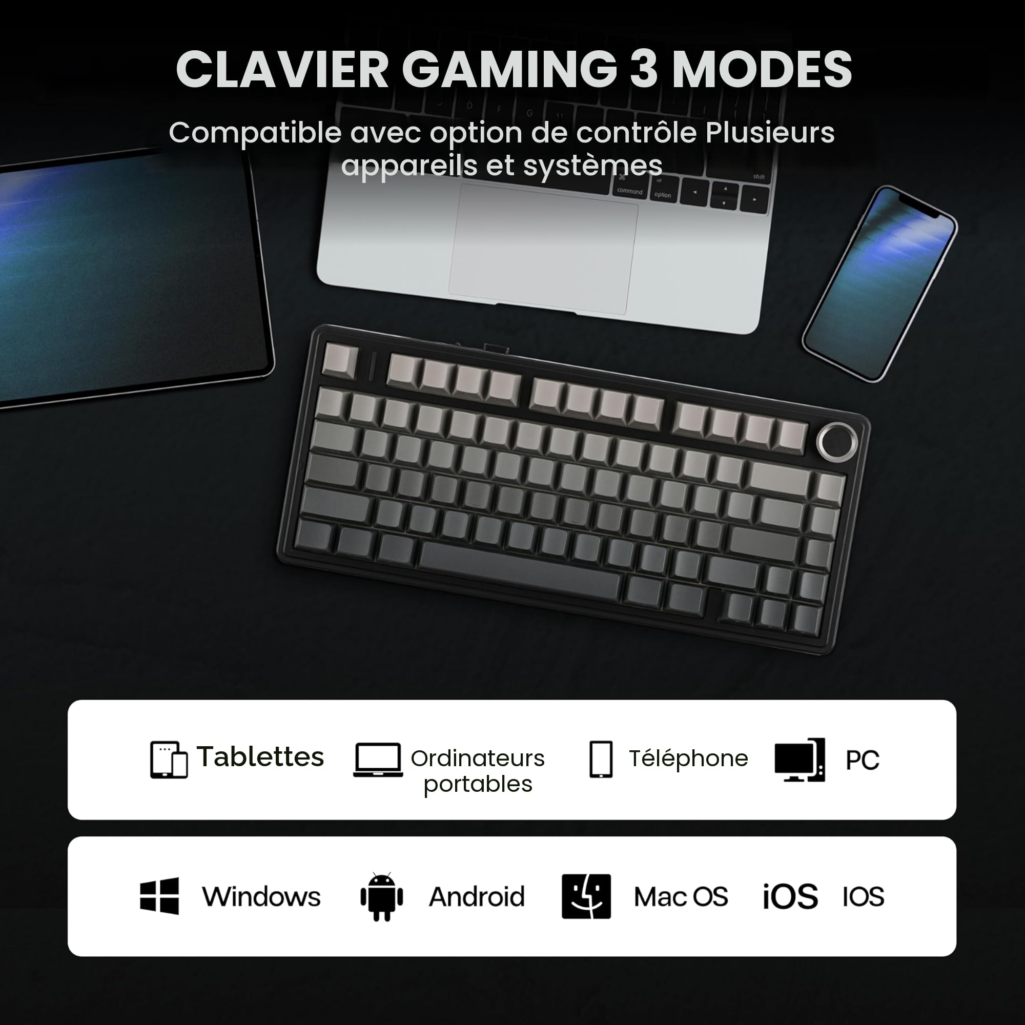MechLands Aula F75 PRO 75% Custom Creamy Clavier de jeu mécanique sans fil, BT5.0/USB-C/2,4 GHz, structure gasket, bouton RVB, switches Reaper pour Win/Mac (dégradé de noir)