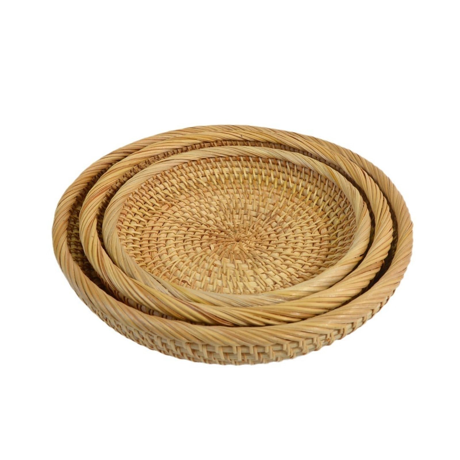 Ghusonchv Beige 3Pcs Handwoven Round Rattan Trays For Desktop Fruit Snack Bread Storage