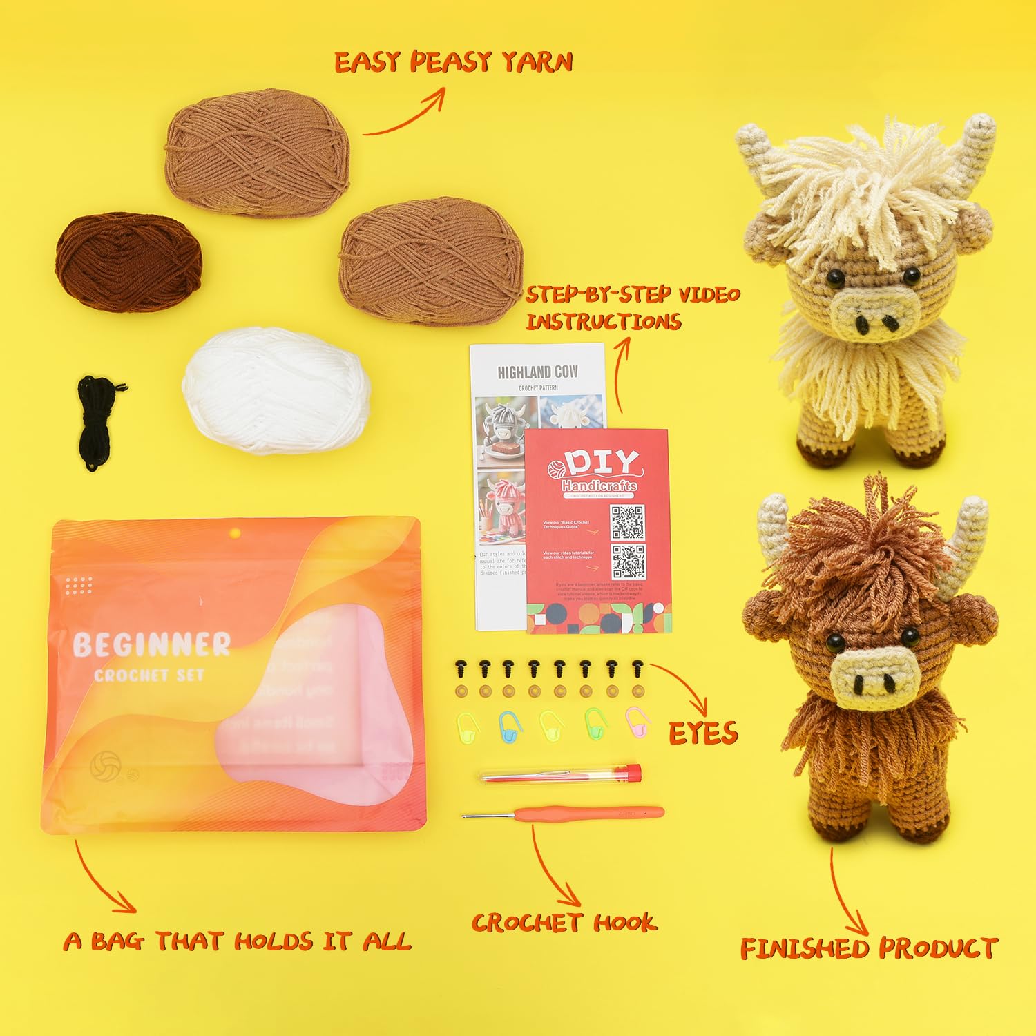 GONELYON Crochet Kit for Beginners, 2 PCS Crochet Animal Kit Highland Cattle, with Step-by-Step Video Tutorials, Beginner Crochet Kit for Adults, DIY Amigurumi Animal Craft Kit - 3