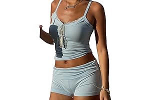 Women's Alluring 2-Piece Pajama Set: Lace-Embellished Sleeveless Cami Top and Matching Shorts for Y2K-Inspired Lounging