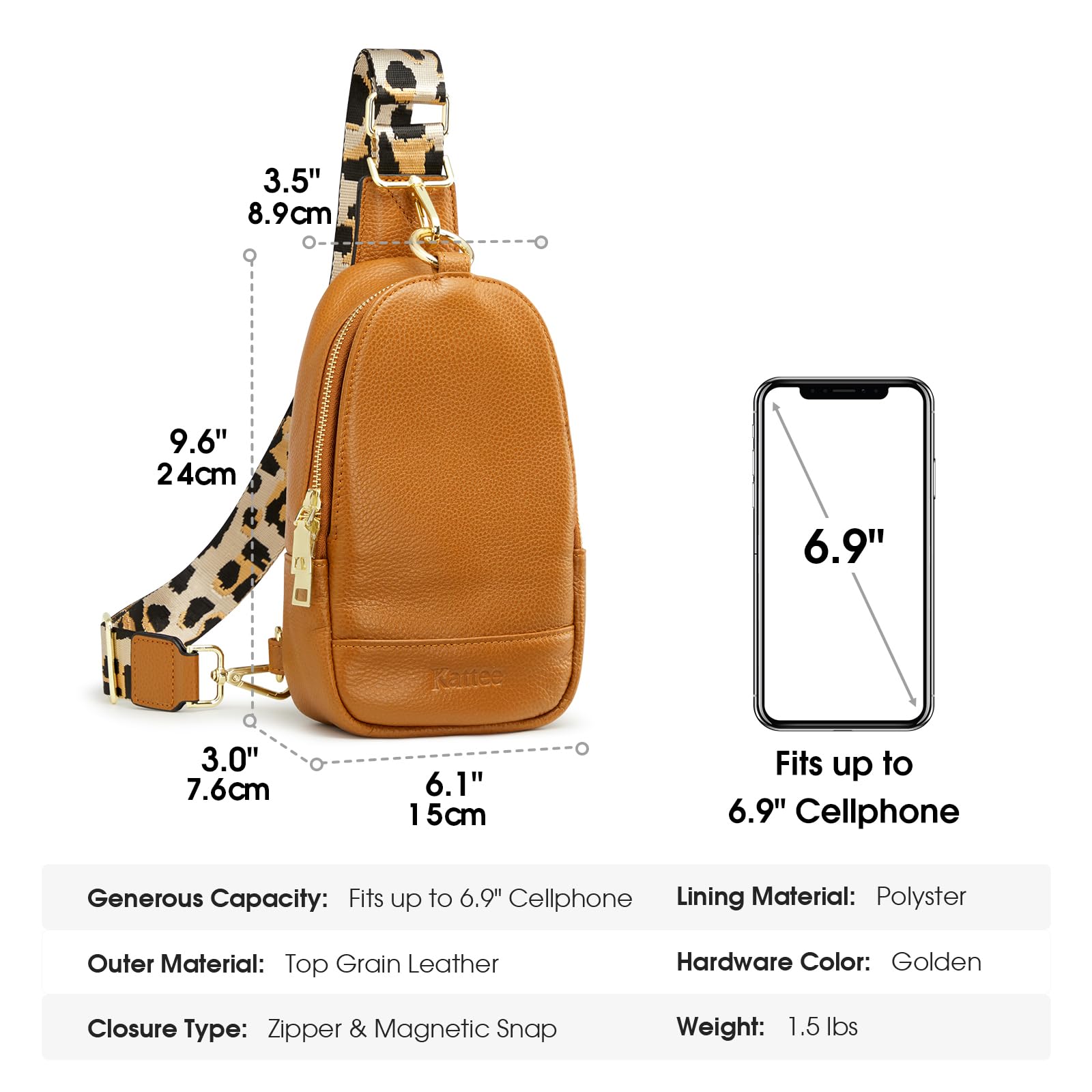 Kattee Damen Brust-Umhängetasche Echtes Leder Sling-Rucksack Kleine Umhängetasche mit RFID-Blockierungsfunktion für Outdoor-Reisen Radfahren Wandern Einkaufen Unisex