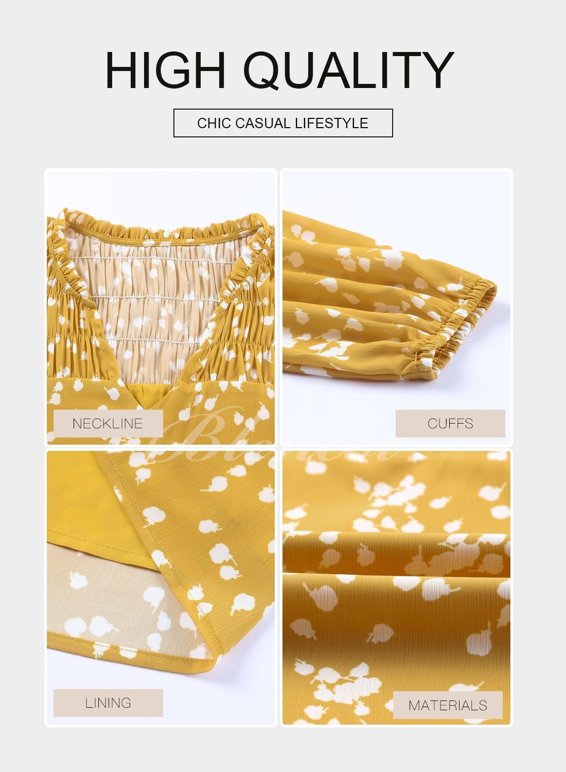 BLENCOT Women's Casual Boho Floral Print Chiffon Blouses Smocked V Neck Long Sleeve Loose Tops Shirts - Image 4