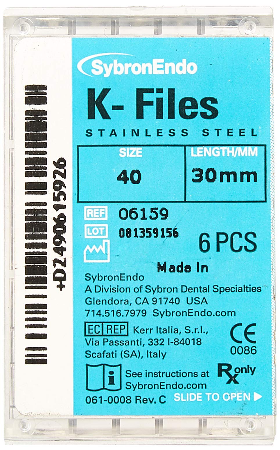 SybronEndo SybronEndo 6159 Endo Hand K-File, 0.02 mm Taper, 30 mm Length, Stainless Steel, 40 Tip Size, Black (Pack of 6)