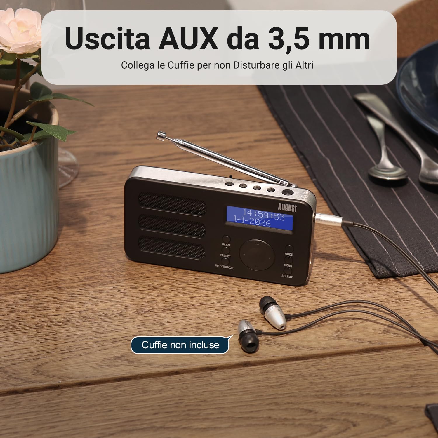August MB225 Radio Portatile DAB DAB+ FM, Radio Digitale a Batteria con Dual Radiosveglia, Radiolina Portatile Ricaricabile con 40 Preselezioni, RDS, 20 Ore, Stereo/Mono, Presa per Cuffie - Nero