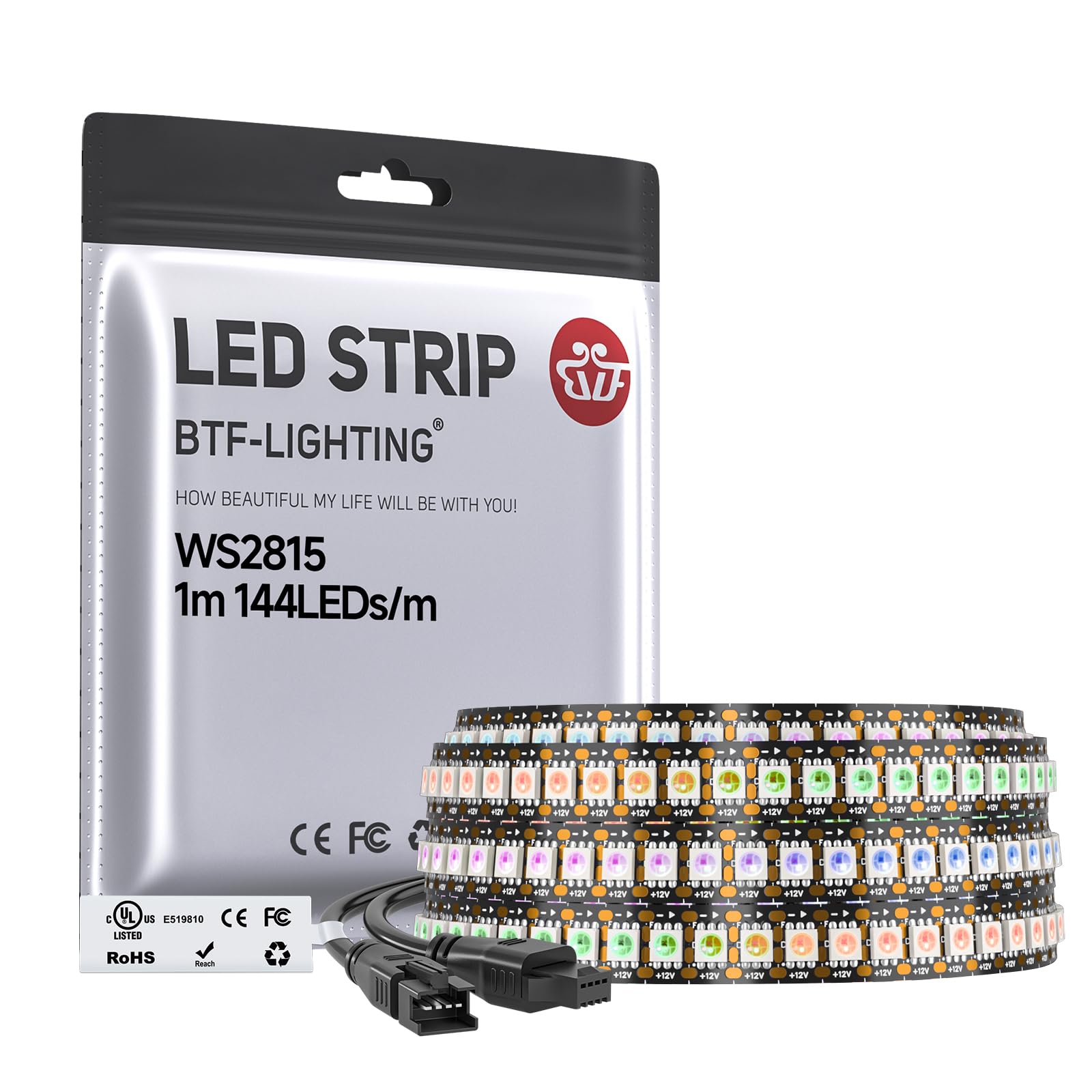 BTF-LIGHTING WS2815 (Upgraded WS2812B) 3.2ft 144(2x72) Pixels Individually Digital Addressable RGB Dual Signal LED Flexible Strip Light 5050 SMD IP30 Non-Waterproof Magic Dream Color DC12V Black PCB