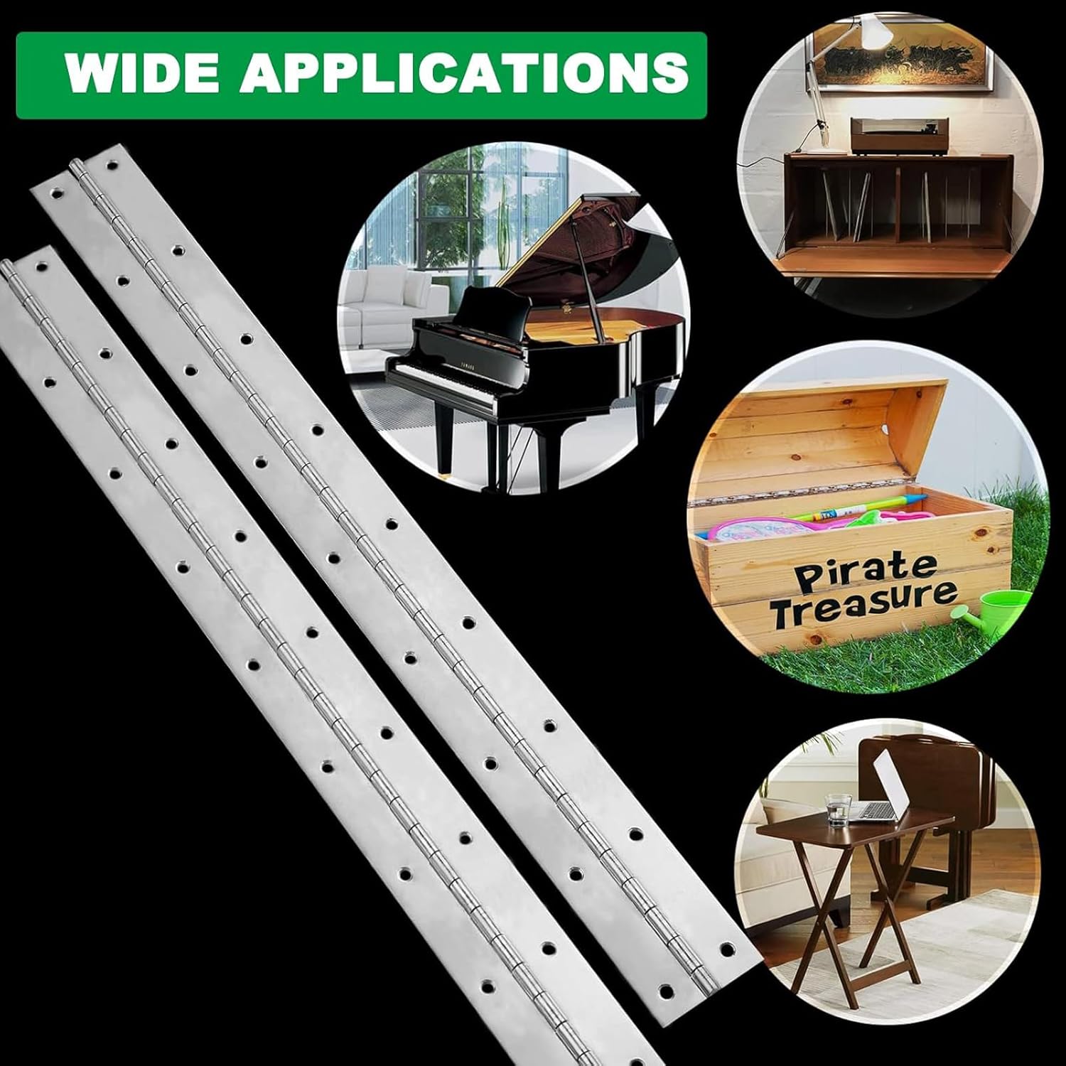 4Pack Heavy Duty Piano Hinge, 2" Open Width x 16" Continuous & Piano Hinges, 0.06” Thick Stainless Steel Piano Hinge with Holes, Polished Stainless Furniture Hinges for Cabinet Door Cases Woodworking