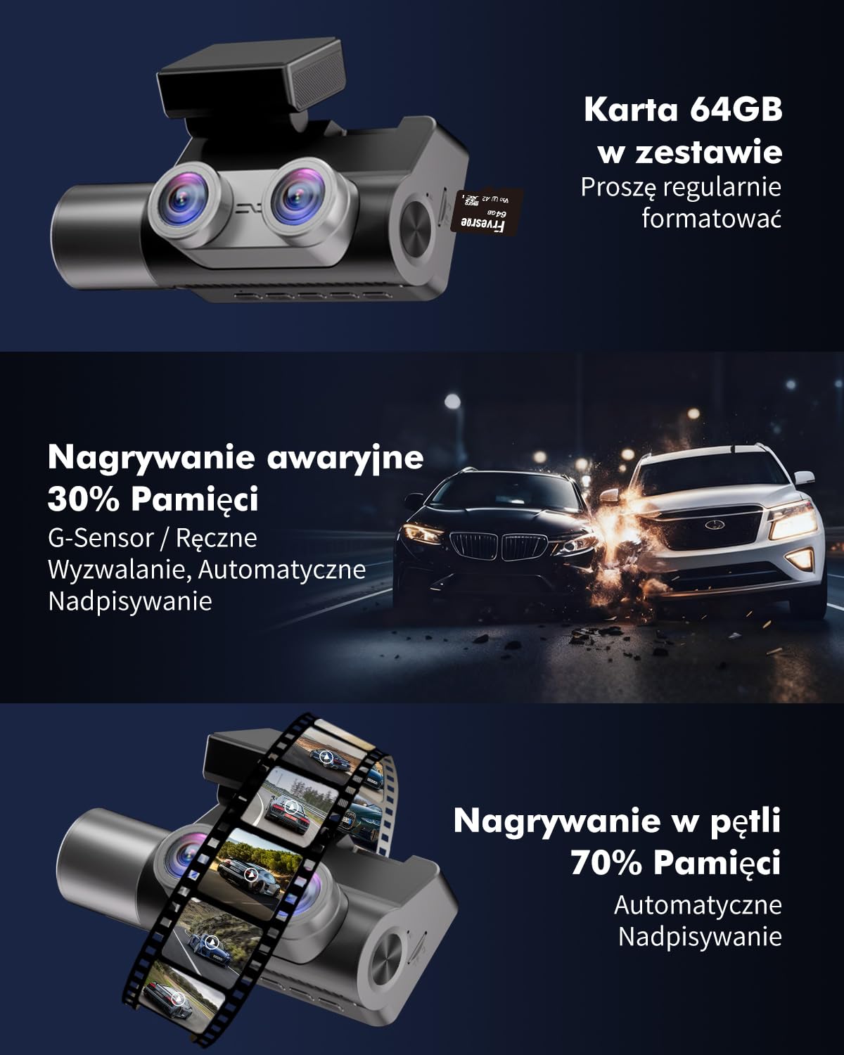 3-Kanałowa Kamera Samochodowa, 4K UHD Z przodu + Full HD Z tyłu + Wnętrze, Kamera samochodowa z 24-godzinnym trybem parkingowym, WiFi 6 i GPS, Dashcam IPS 3 cale z kartą 64 GB (V1)