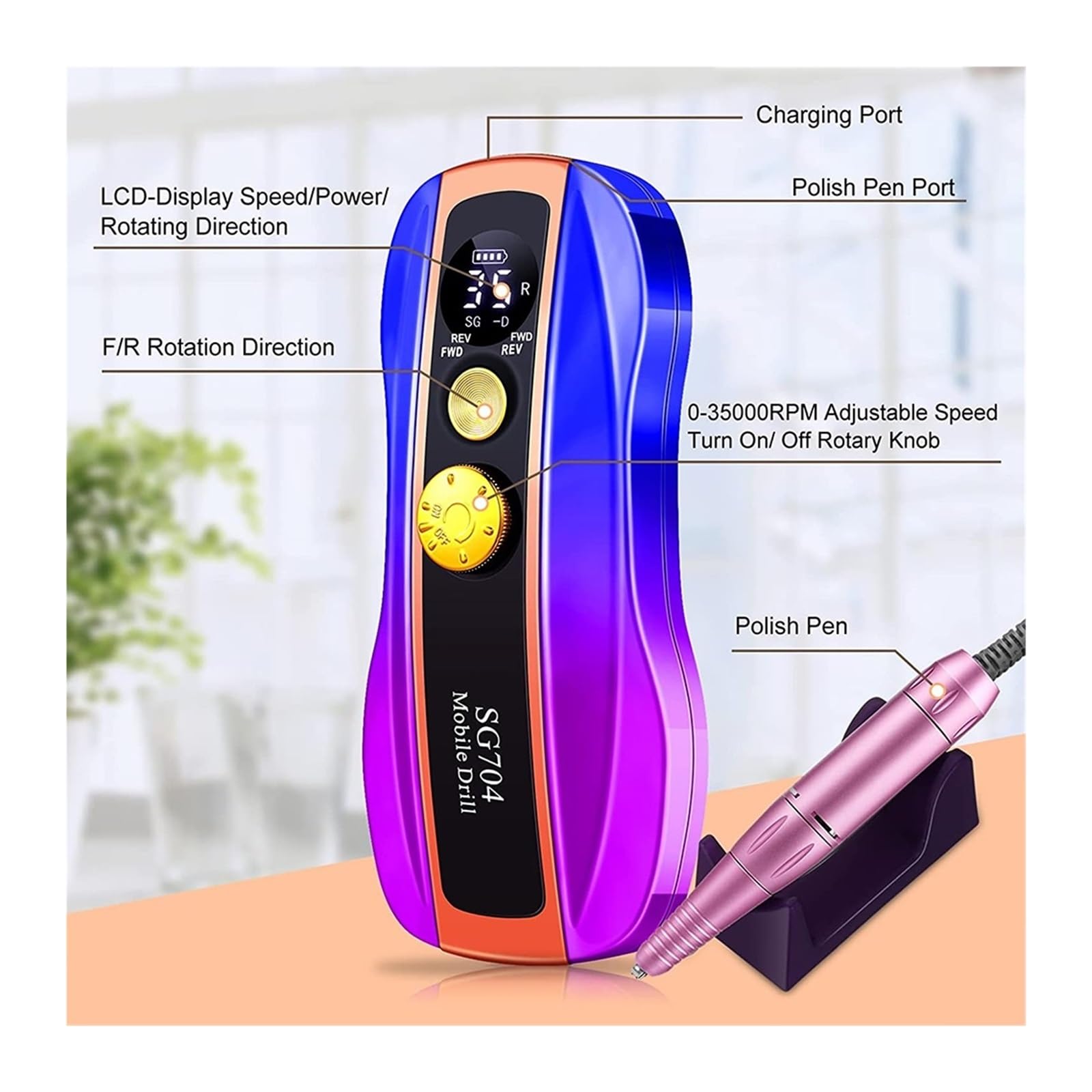 Máquina de pulir uñas Taladro de uñas eléctrico para uñas acrílicas, Taladro de uñas Profesional Recargable para Pulido de Gel acrílico Quitar para Bricolaje Ho