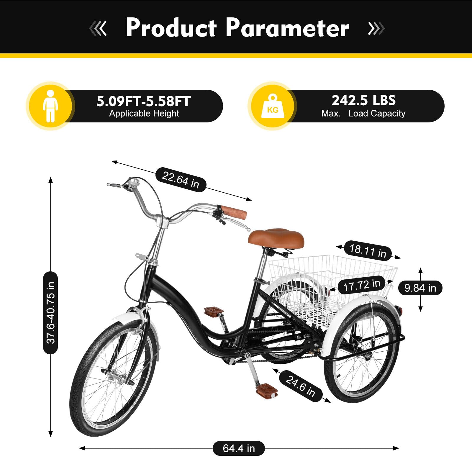 Triciclo para bicicleta para adultos con cesta de la compra Bicicleta cruiser adulto velocidad única+cesta negra ruedas triciclos cesta triciclo adulto velocidad individual 3 ruedas triciclo
