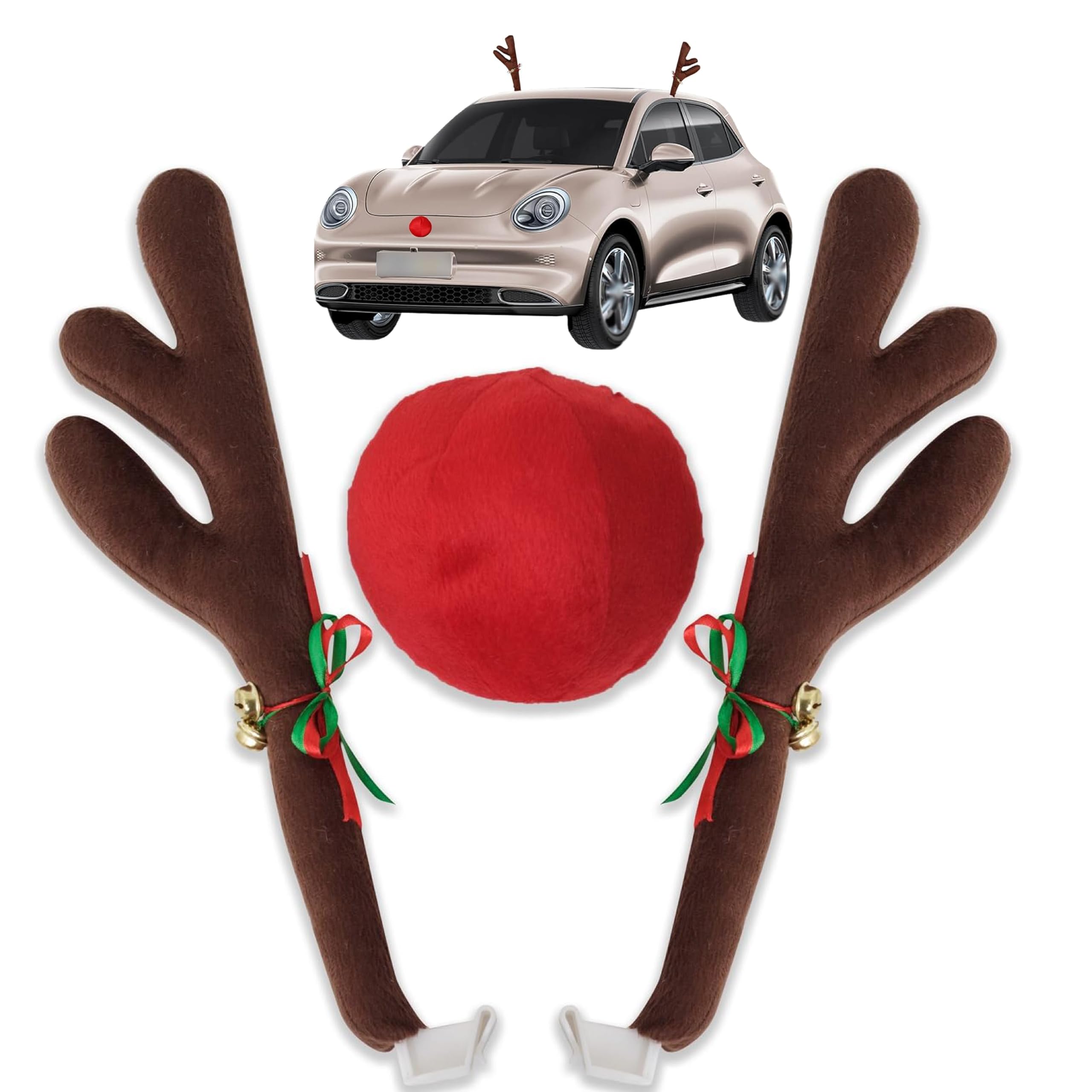 Pack-3 Car Reindeer Antler Decorations with Hooks, Fabric Decorations Accessories with 5.9In Red Nose, Vehicle Roof Christmas Accessories, Universal for Most Cars, SUVs, Trucks (Brown)