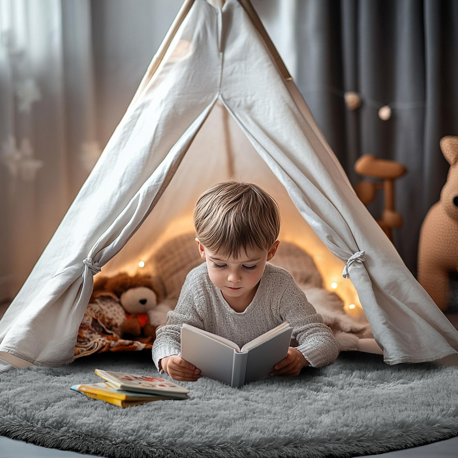 CAIYUECS Tappeto rotondo grigio per camera da letto: 1,2 x 1,2 m, morbido e soffice, tappeto per camera da letto, tappeto ovale peloso per camera dei bambini, cameretta dei bambini (1,2 m, grigio)