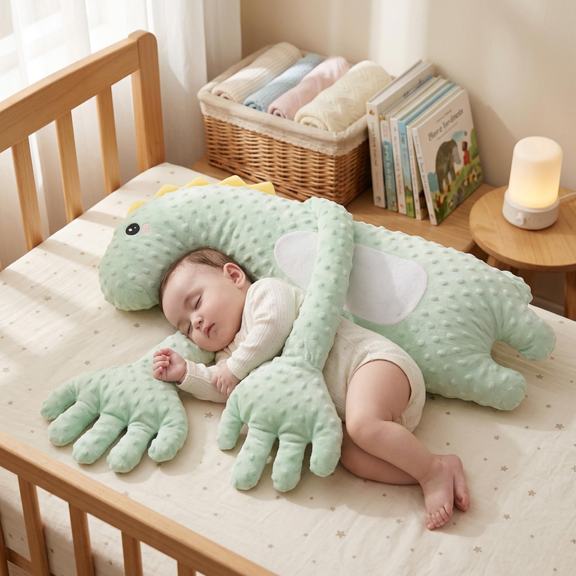 Accarezza la mano per il sonno del bambino Dinosauro verde Cuscino che accarezza il bambino Cuscino lenitivo intelligente con tocco delicato e timer Aiuto per sonno portatile dei neonati